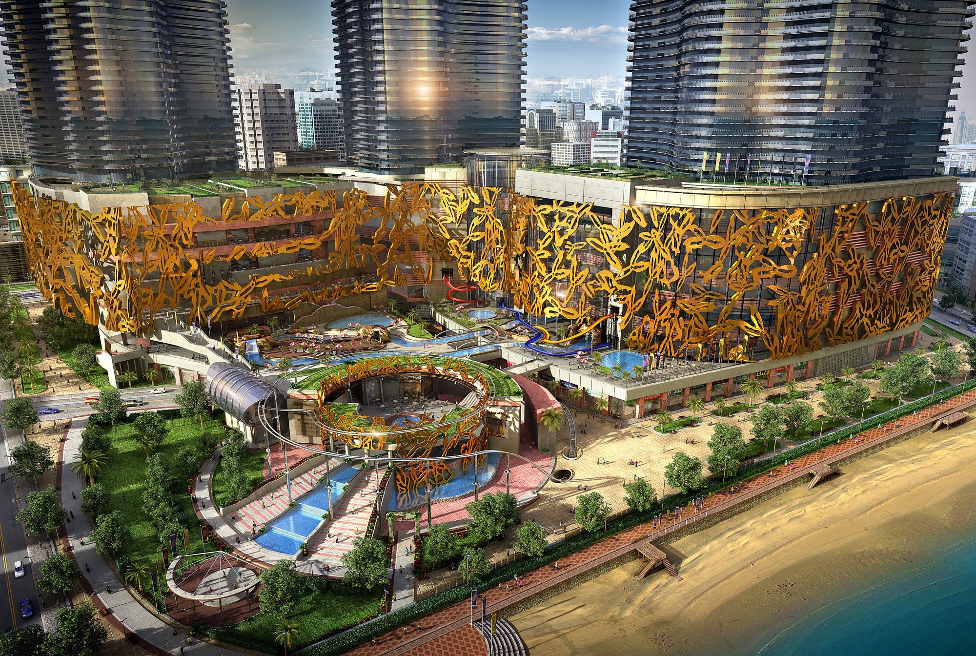 Modern resort with water park and skyscrapers HD Wallpaper