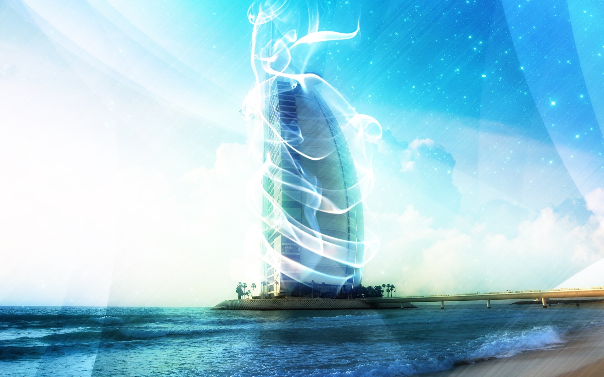 Burj Al Arab with swirling light over the sea HD Wallpaper