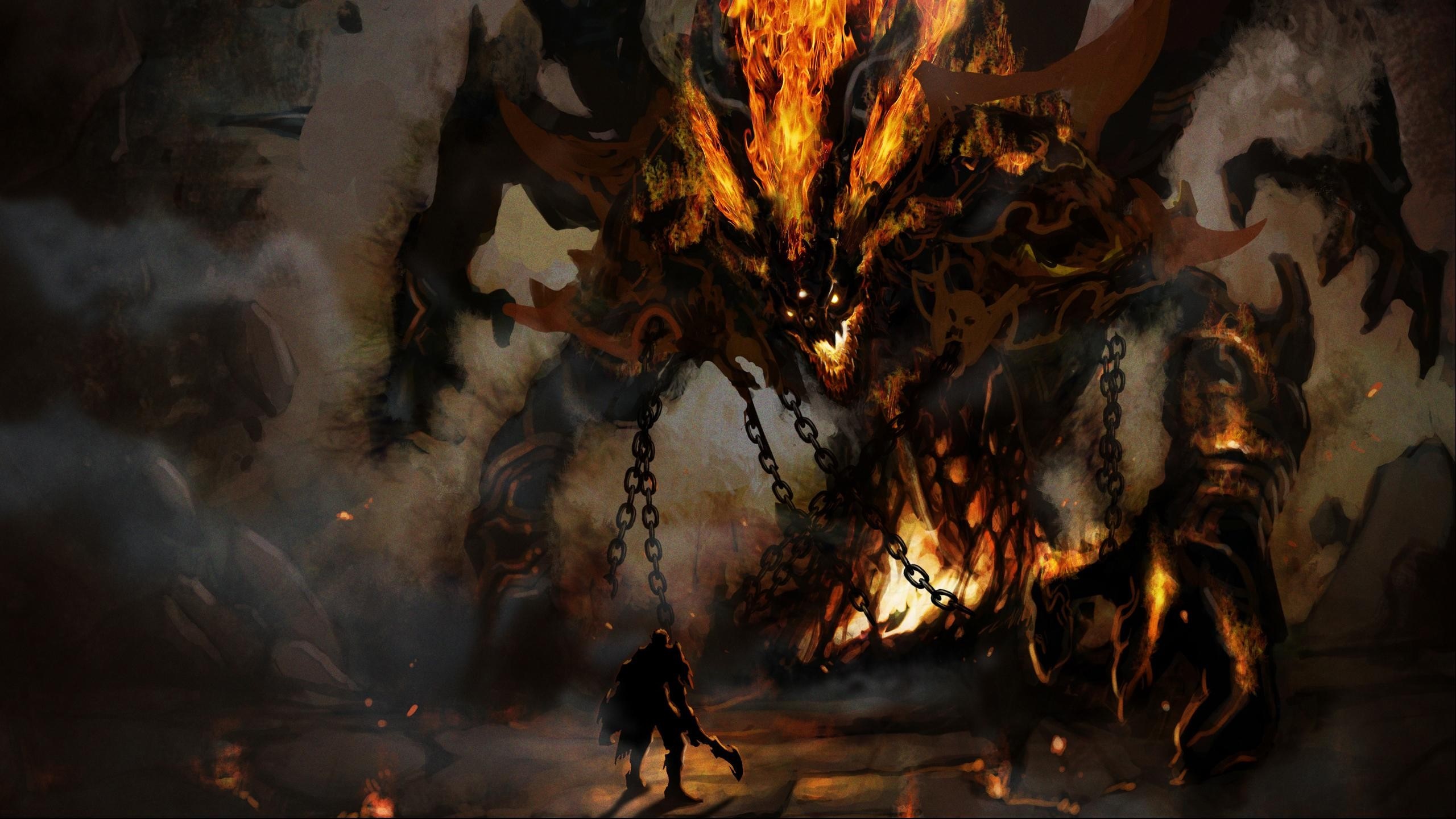 Demon from Diablo chained before a warrior HD Wallpaper