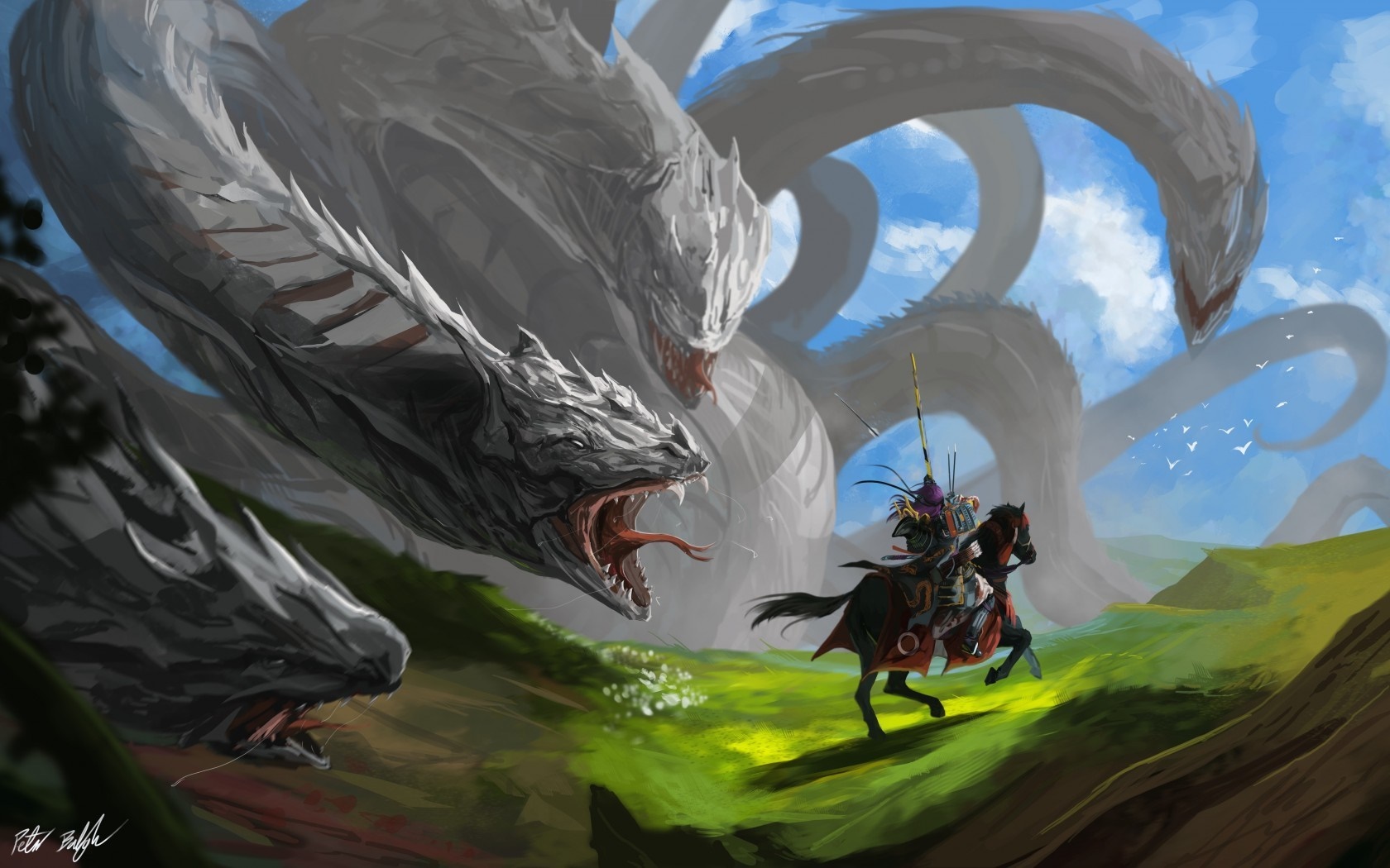 Knight on horseback battles a multi-headed dragon HD Wallpaper