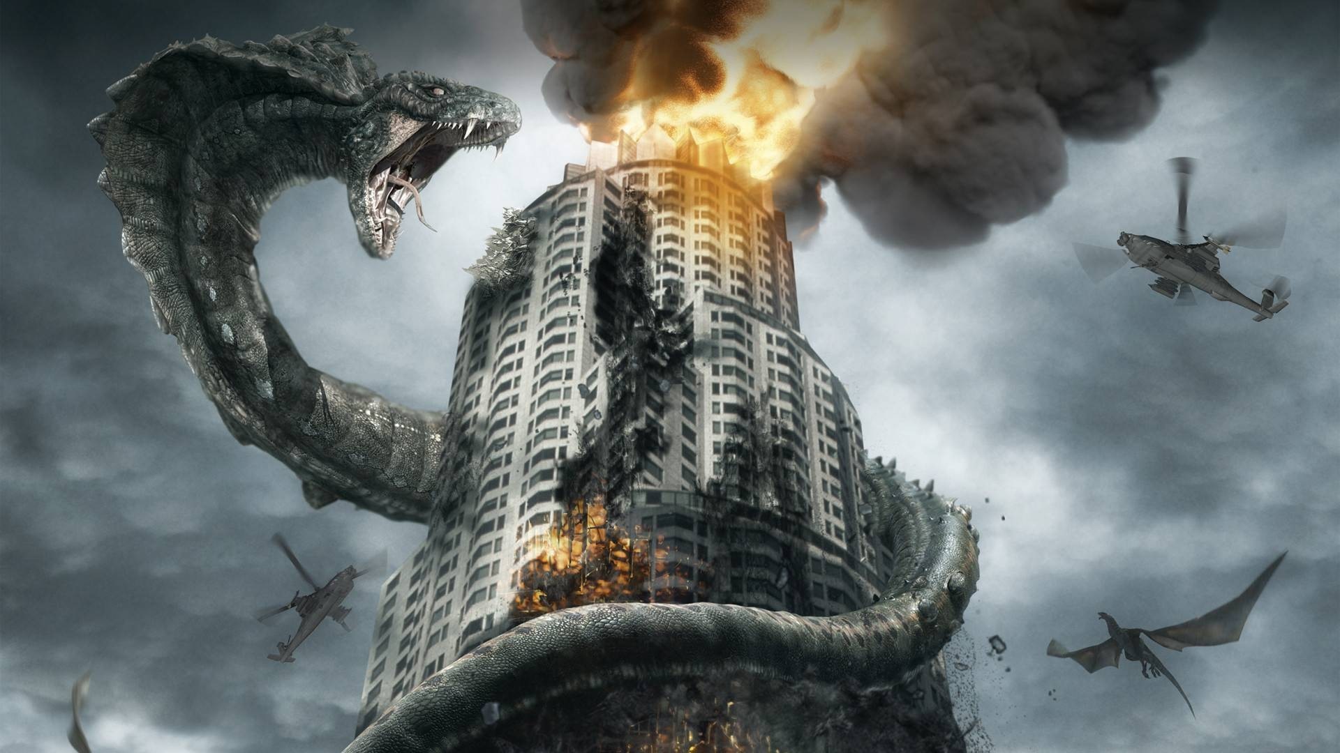 Giant snake attacking a skyscraper with helicopters and dragons HD Wallpaper