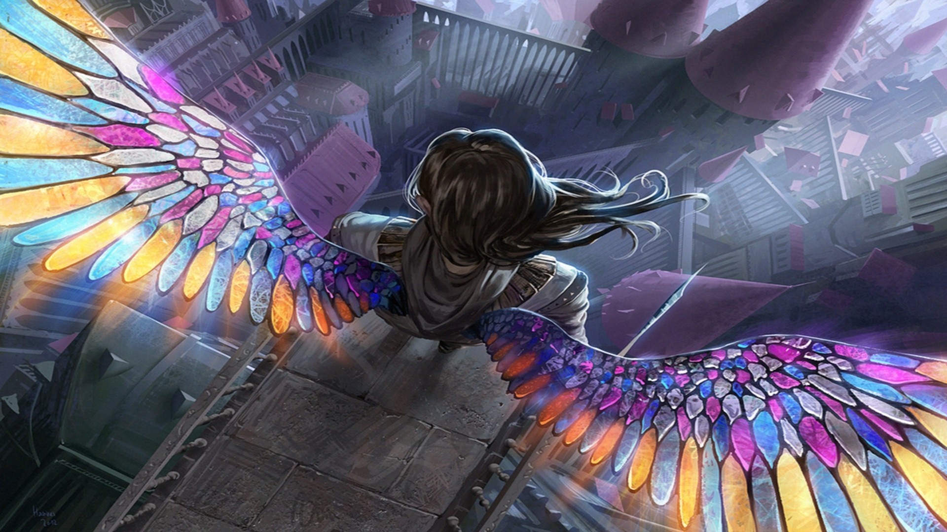 Angel with stained glass wings in a fantasy city HD Wallpaper