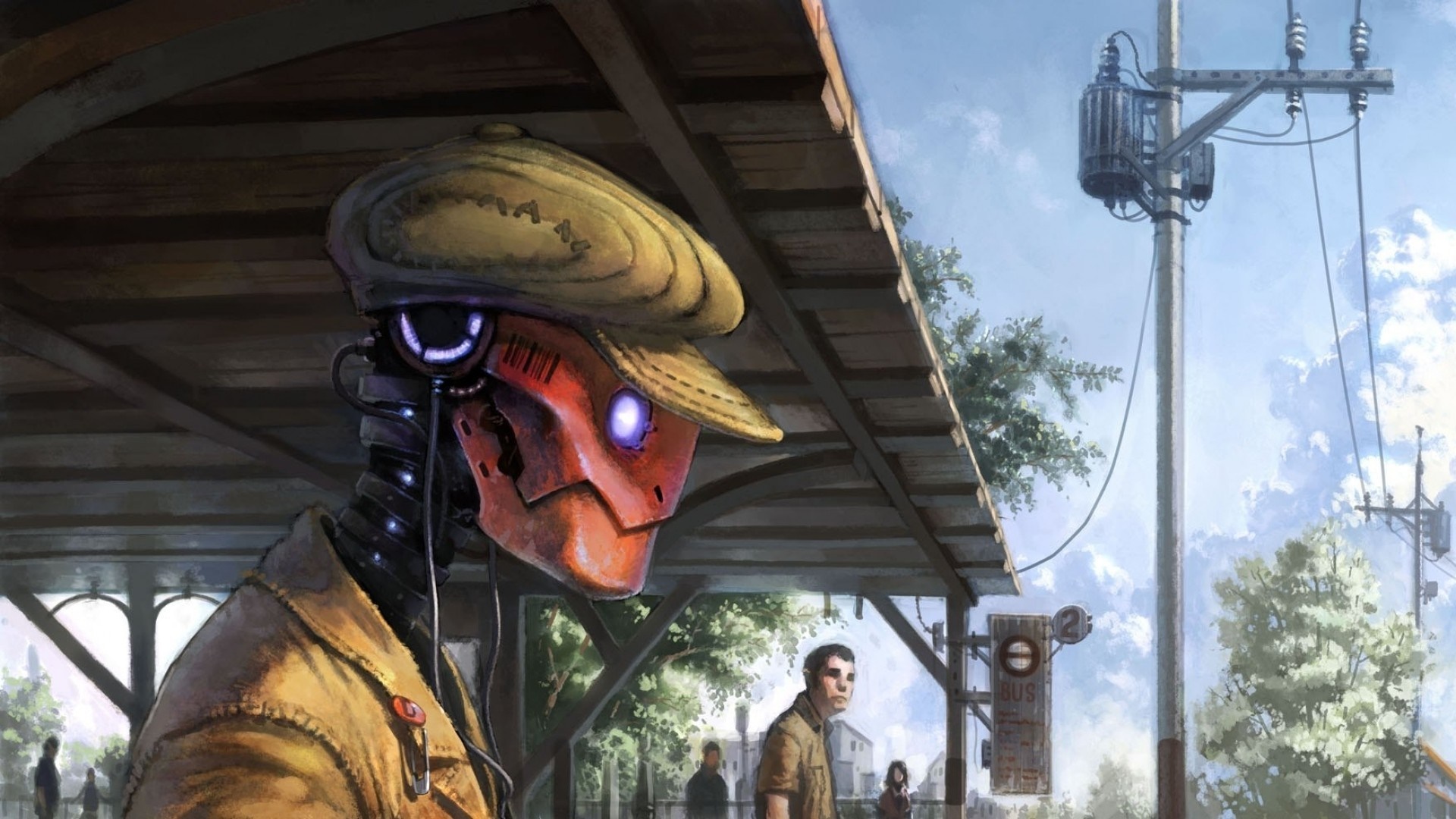 Robot wearing a hat at a bus station HD Wallpaper