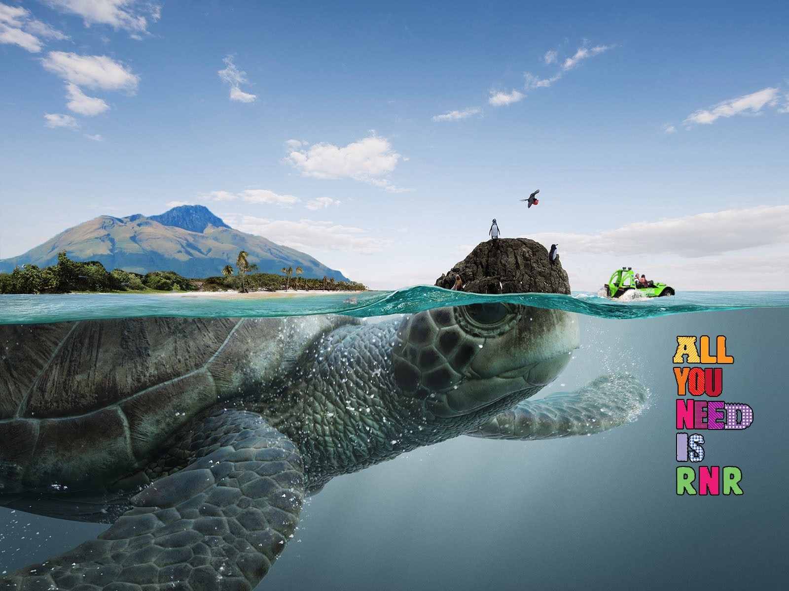 Giant turtle island with penguins and a boat HD Wallpaper