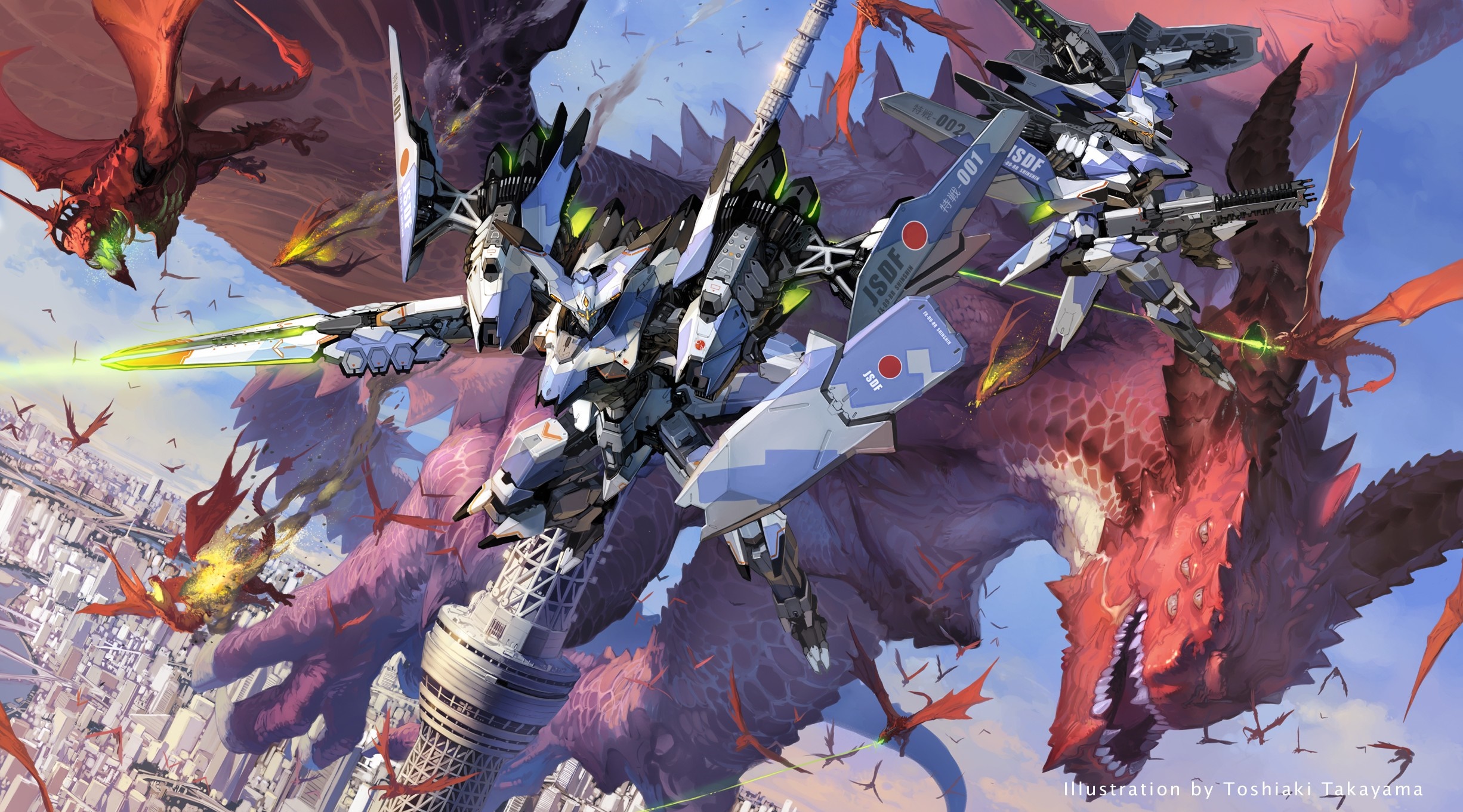 Mechs and Dragons Battle Over Tokyo Skytree HD Wallpaper