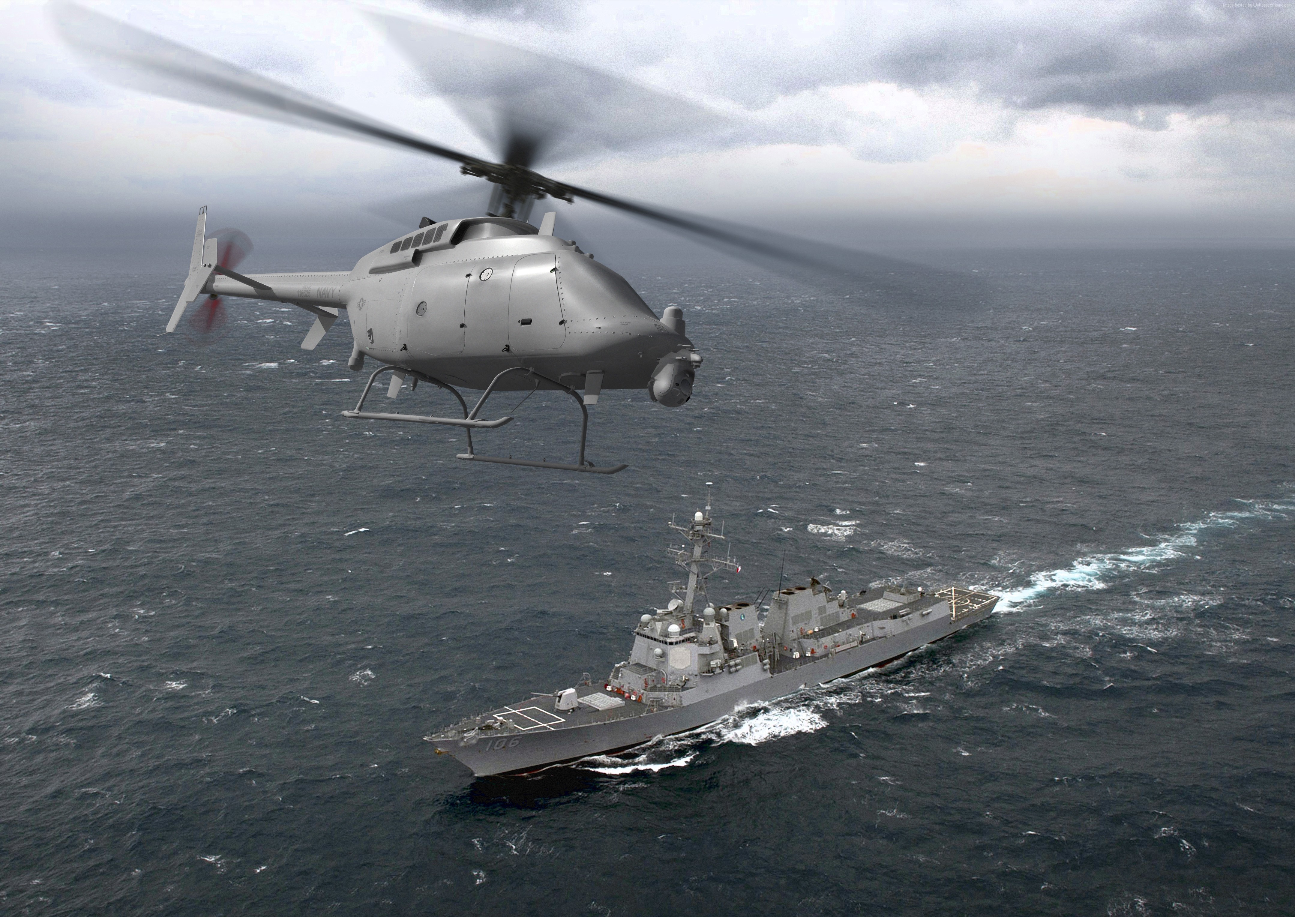 MQ-8C Fire Scout drone flies over USS Gridley (DDG-106) HD Wallpaper