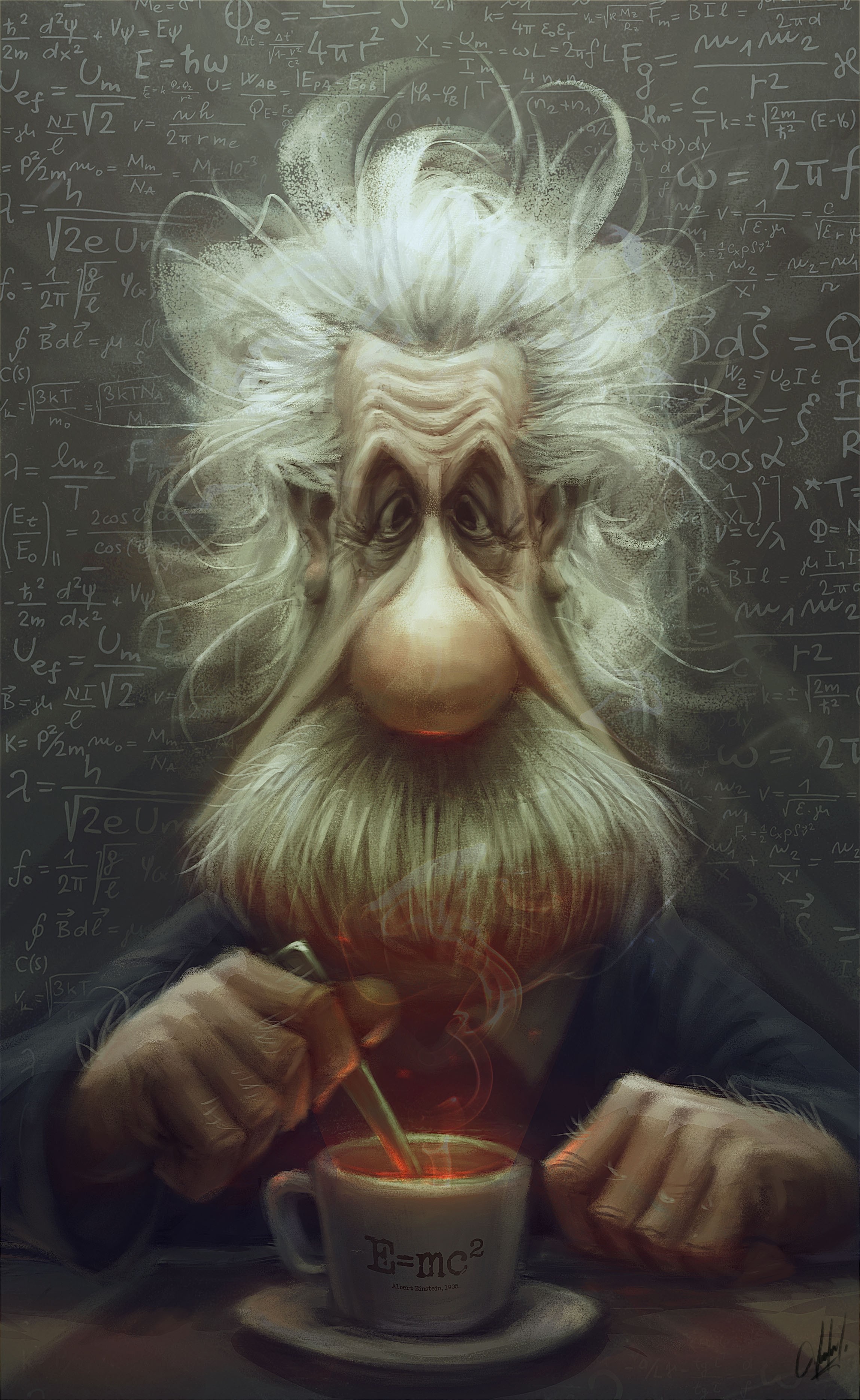 Caricature of Albert Einstein with E=mc² mug HD Wallpaper