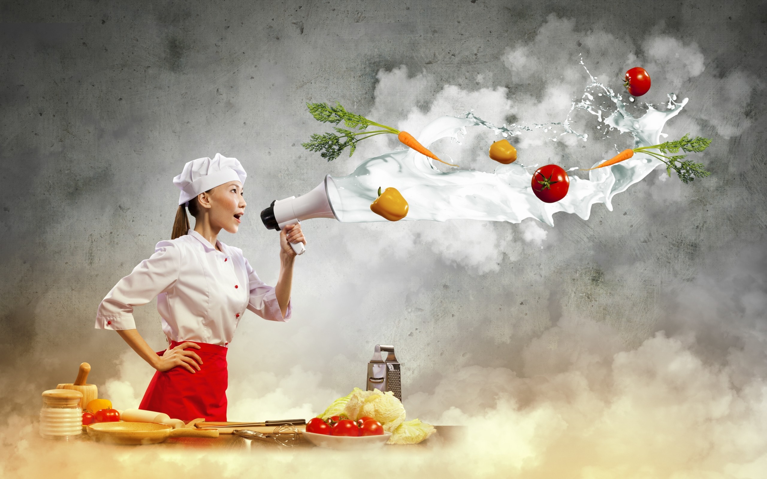 Chef with megaphone and flying vegetables HD Wallpaper