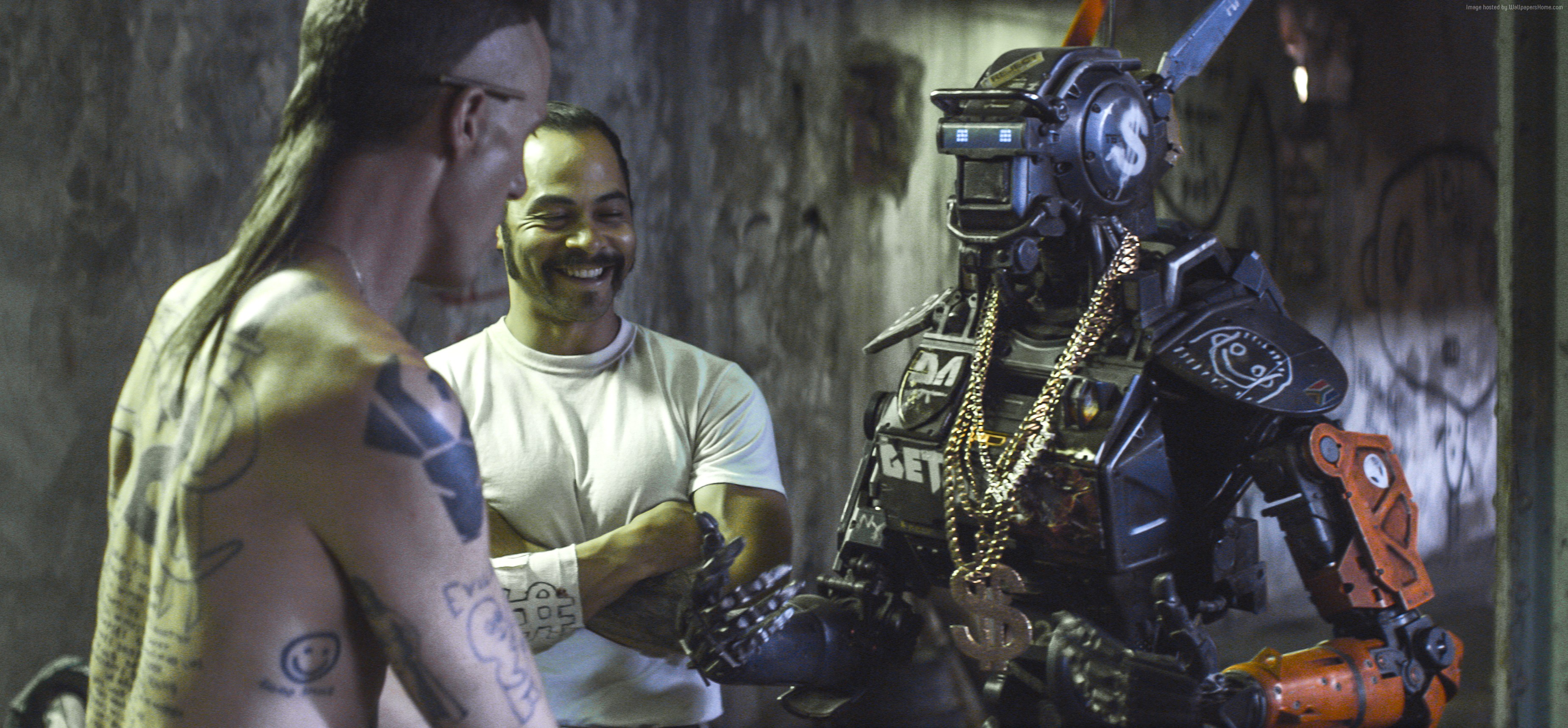 Chappie the robot with two men HD Wallpaper