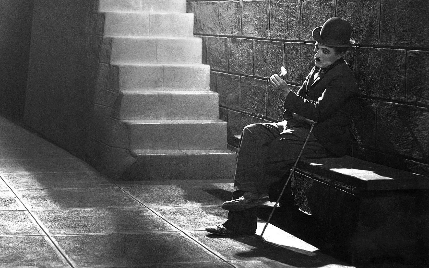 Charlie Chaplin sitting with a flower HD Wallpaper