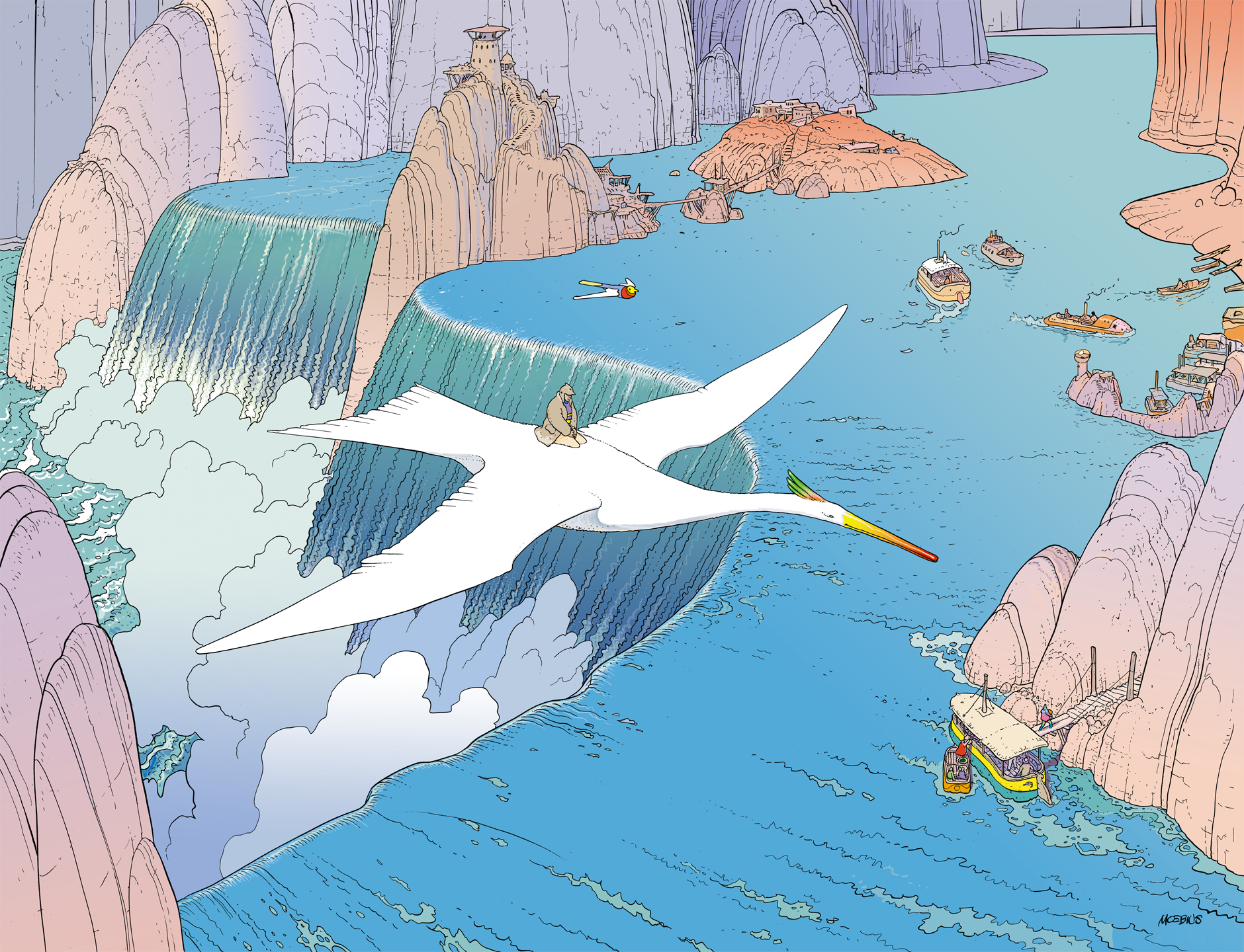 Artwork of a person riding a bird over a waterfall by M. Moebius HD Wallpaper
