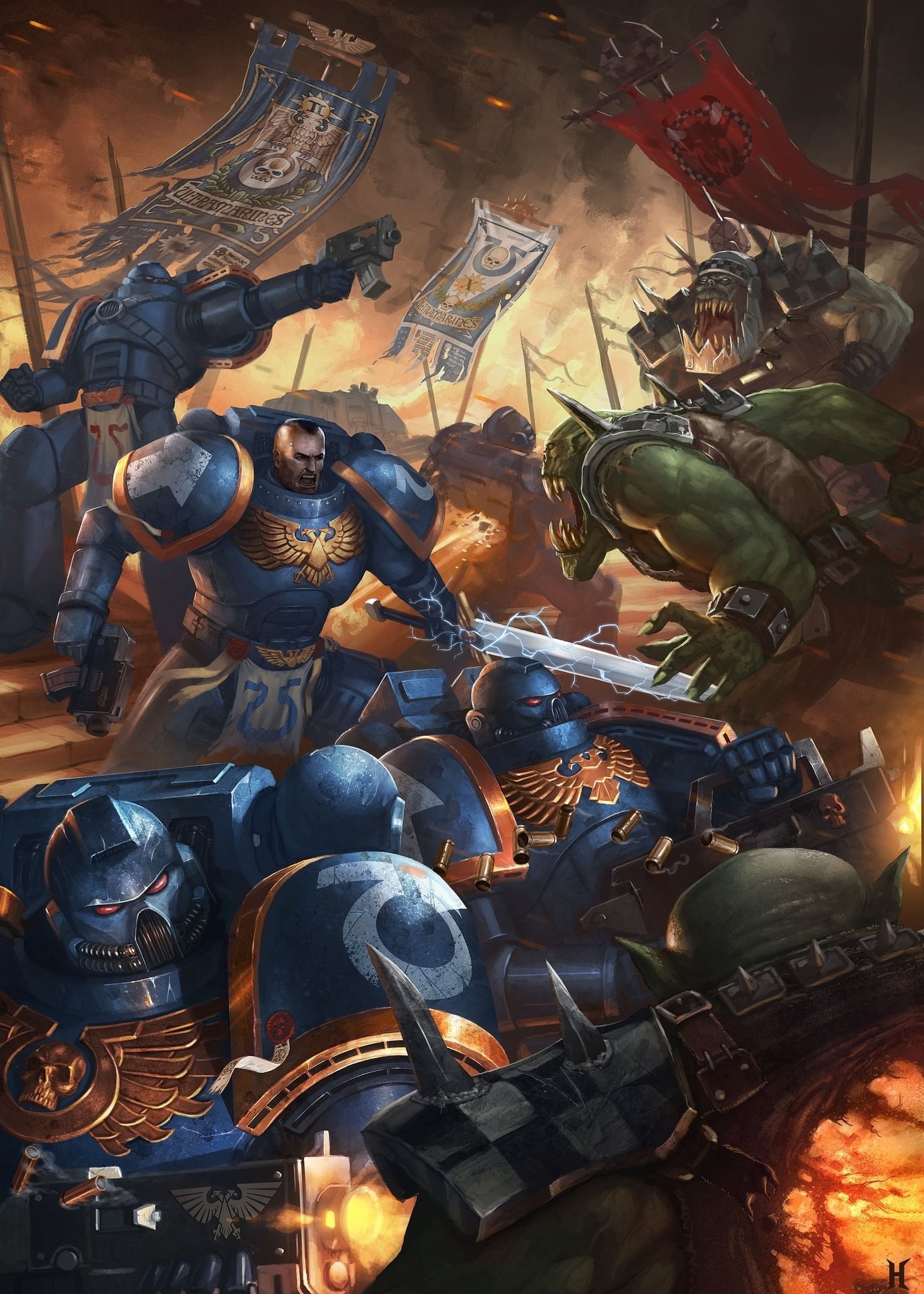 Warhammer 40,000 Ultramarines fighting Orks HD Wallpaper