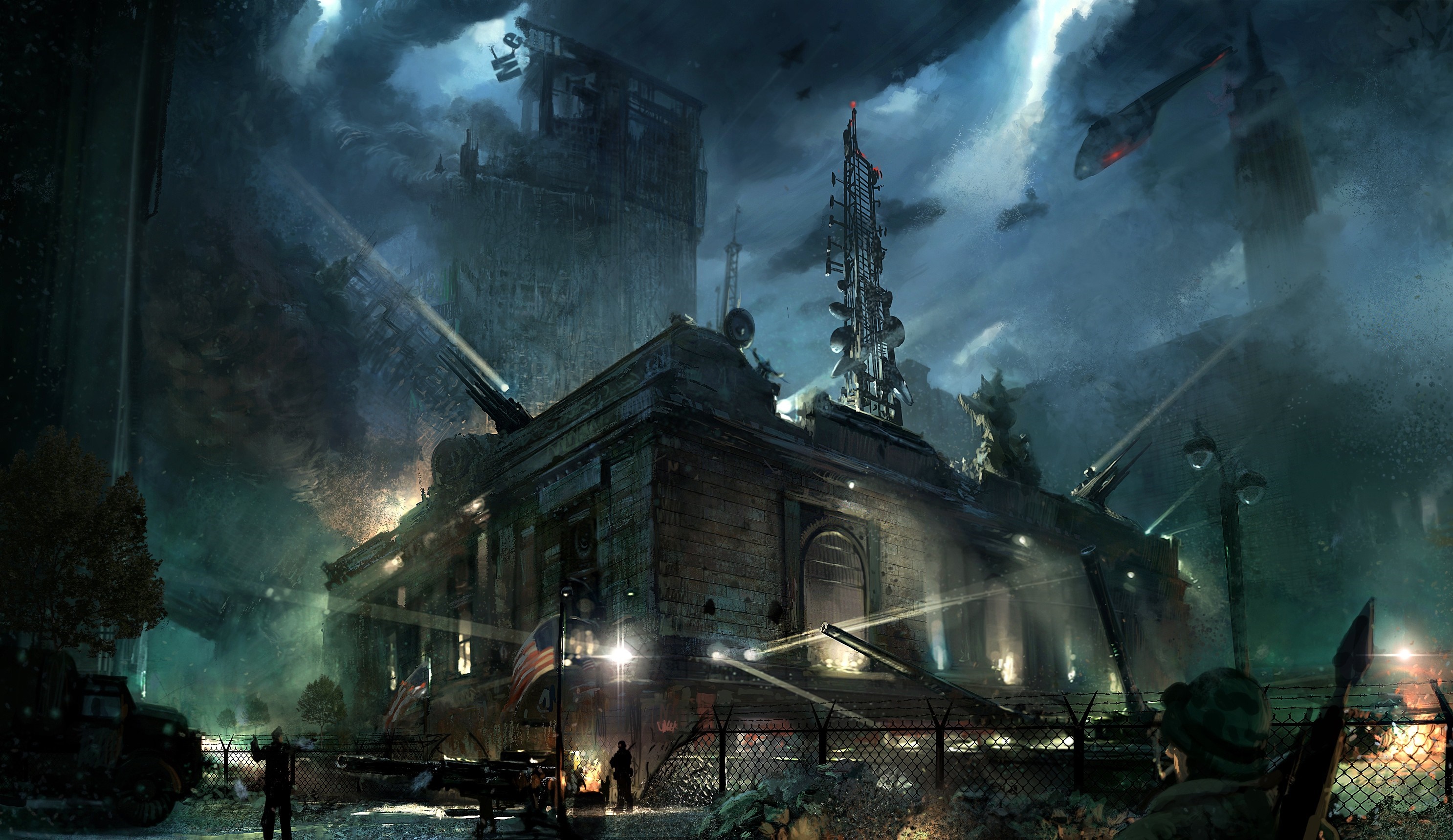 Artwork from Crysis 2 showing a destroyed city with military presence HD Wallpaper