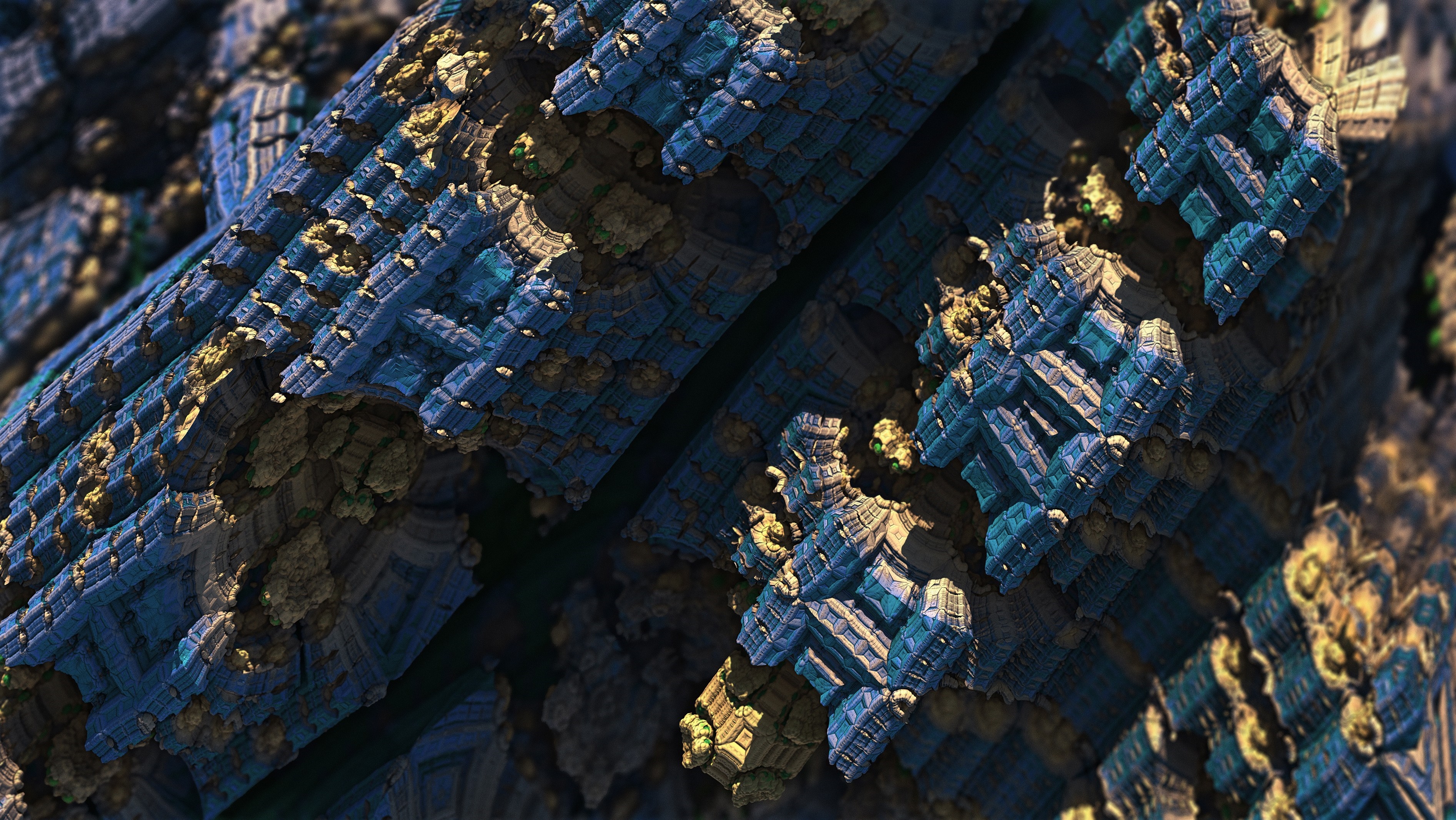Abstract fractal landscape with blue and gold structures HD Wallpaper