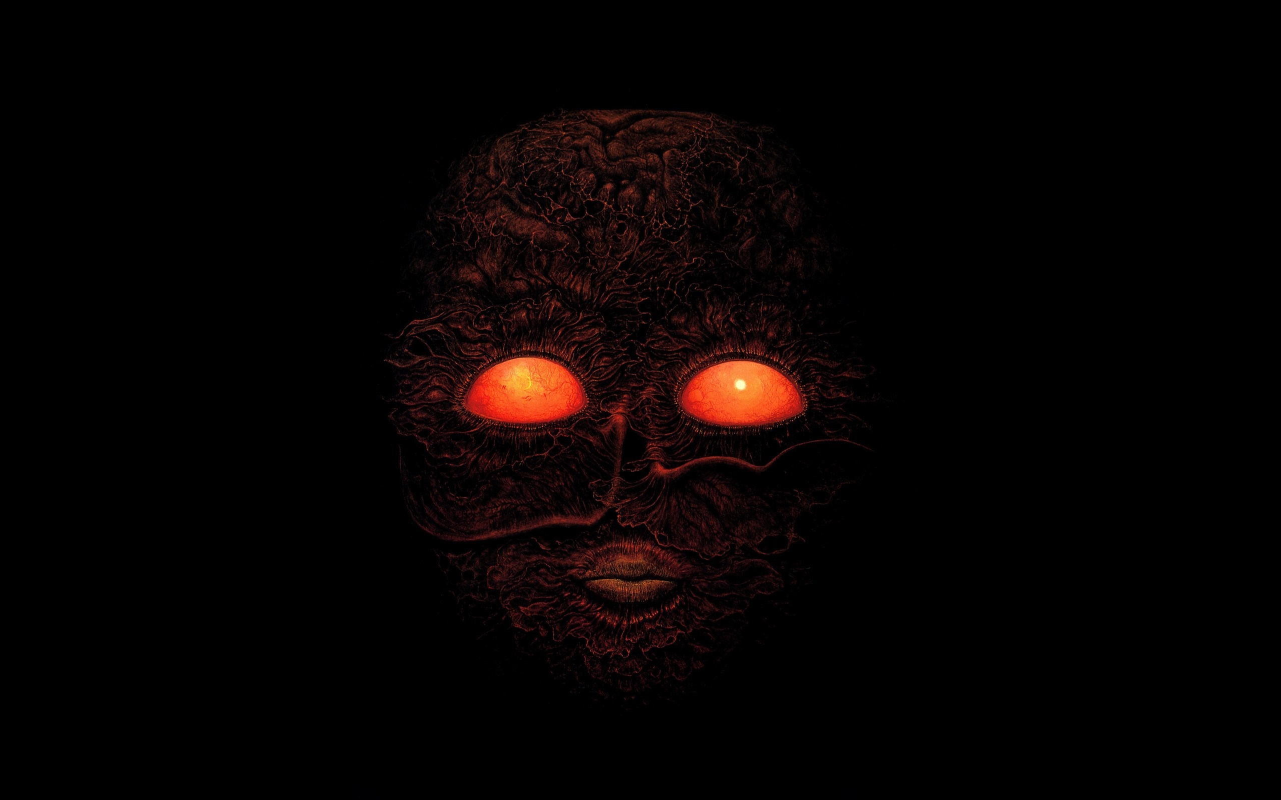 Darkness with glowing red eyes, inspired by Zdzisław Beksiński HD Wallpaper