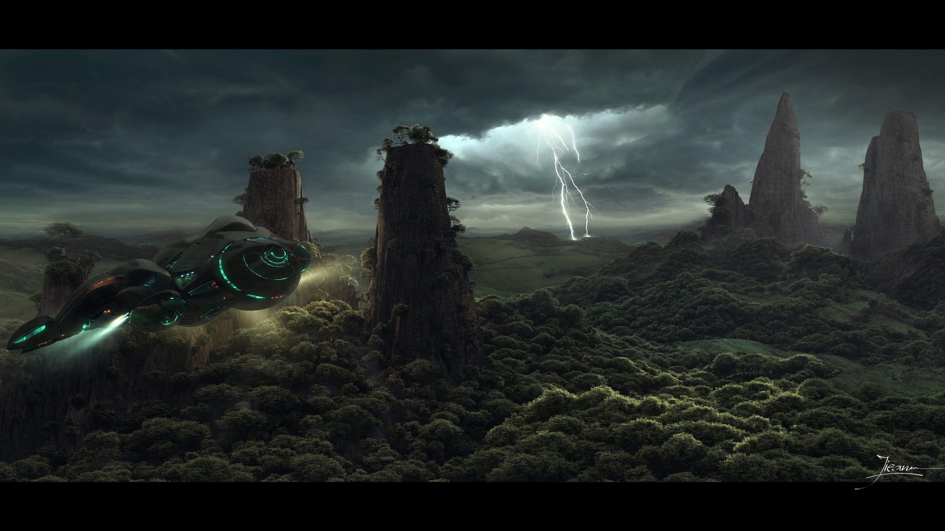 Futuristic spaceship flying over a dark, stormy alien landscape HD Wallpaper