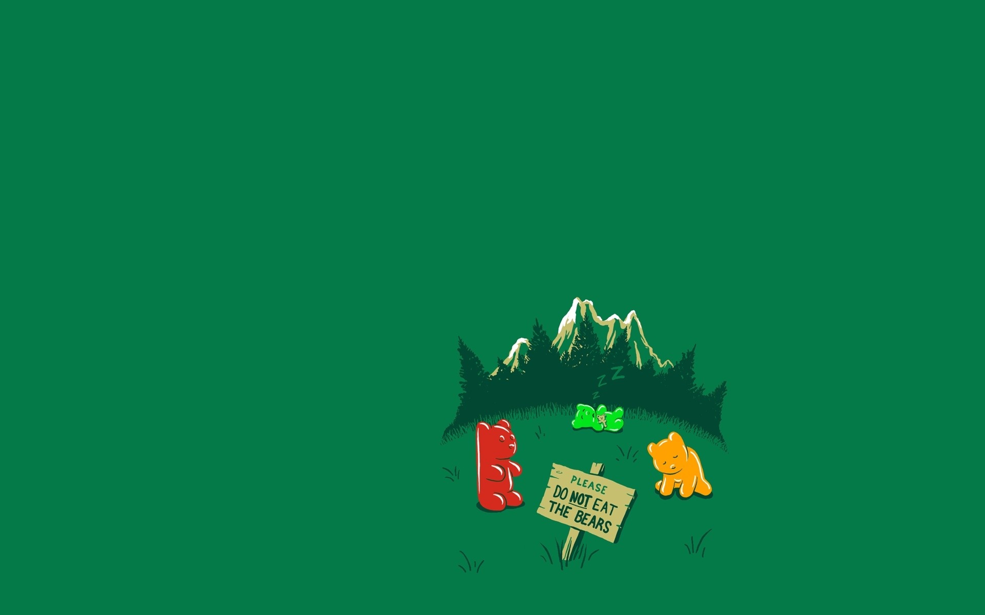 Gummy bears in a forest with a sign HD Wallpaper