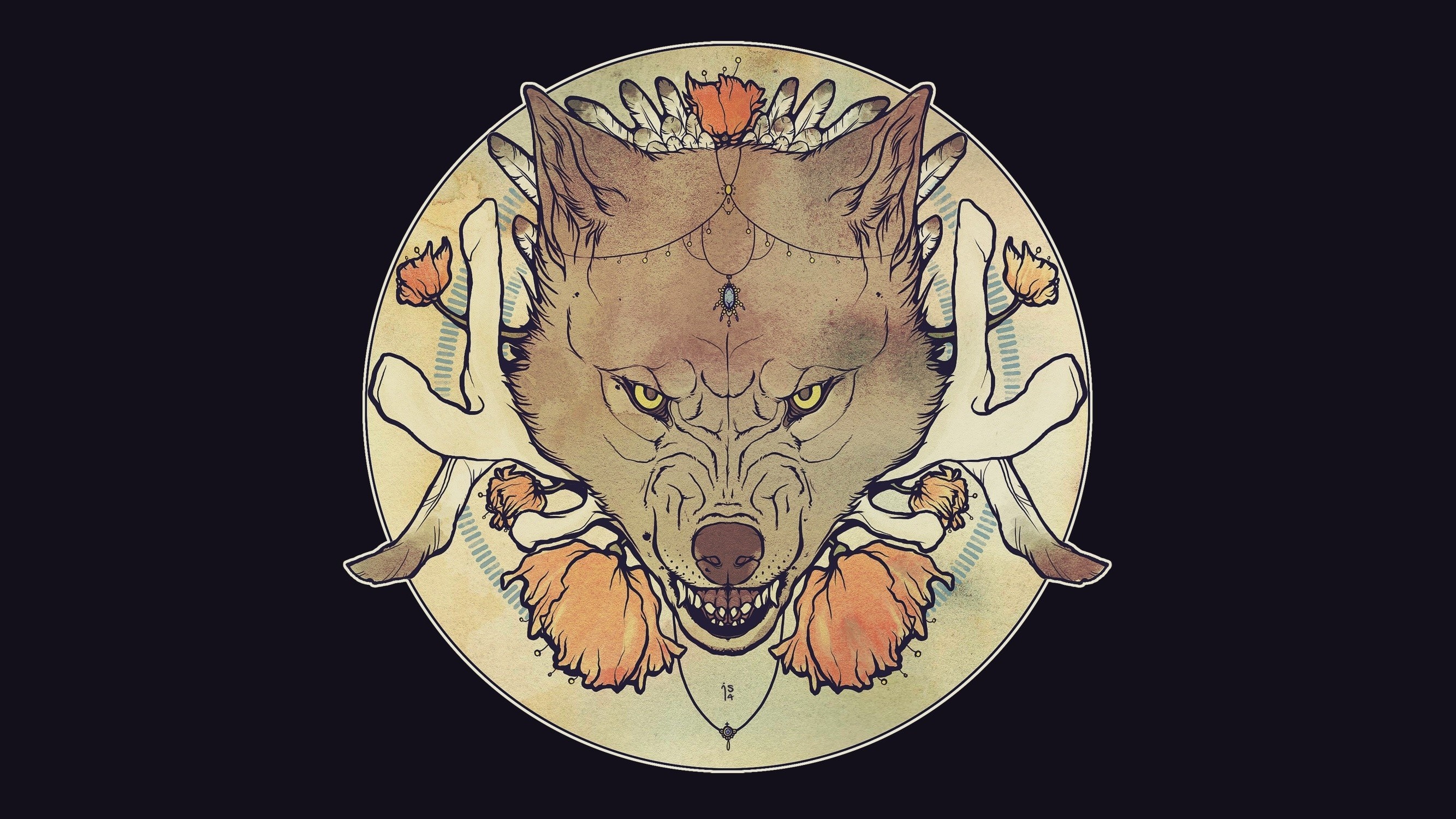 Illustration of a wolf's head with hands and flowers HD Wallpaper