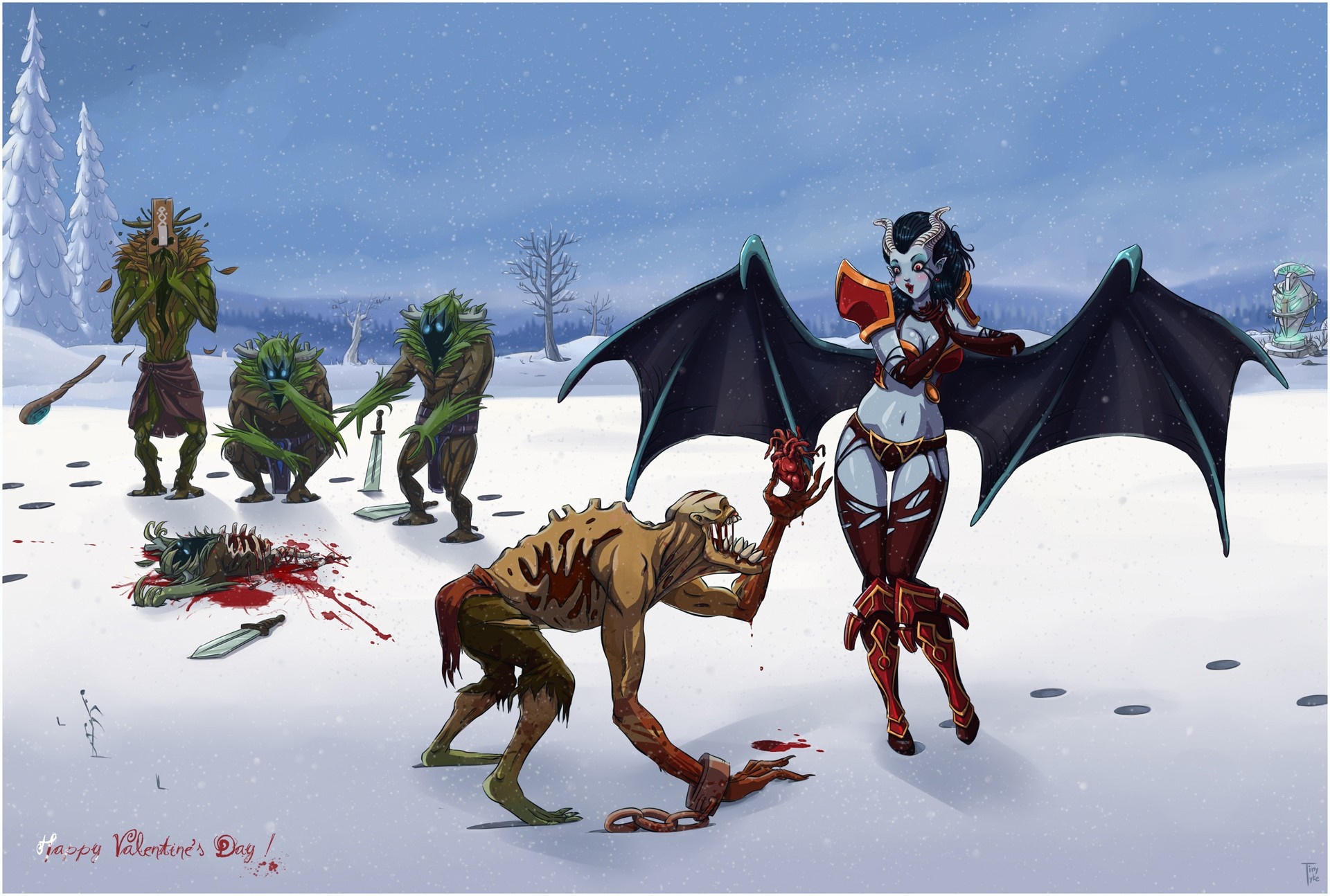 Succubus with heart and zombies in snow HD Wallpaper