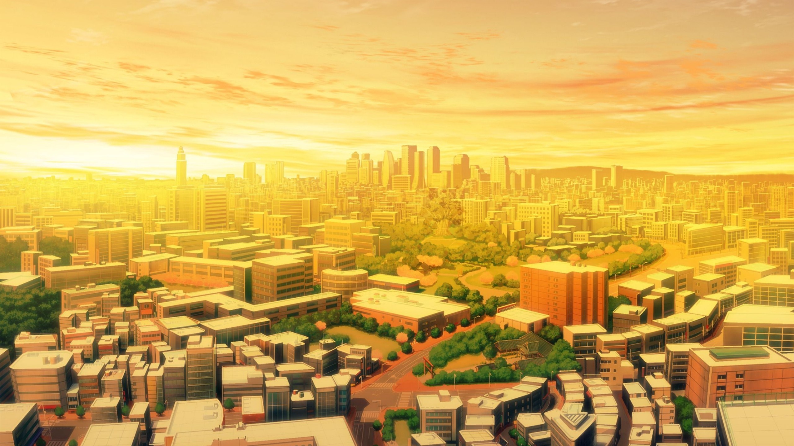 Anime cityscape with skyscrapers and trees at sunset HD Wallpaper