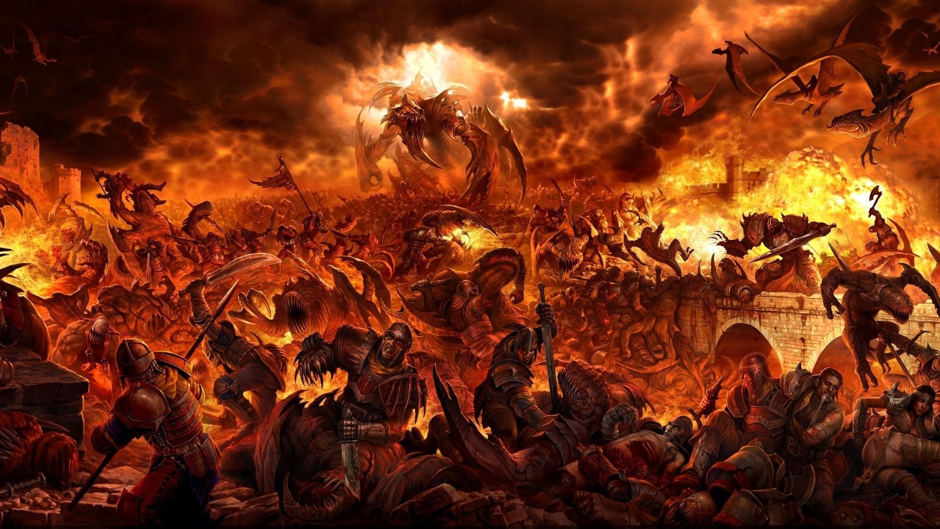 Demonic battle with dragons and soldiers in a fiery landscape HD Wallpaper