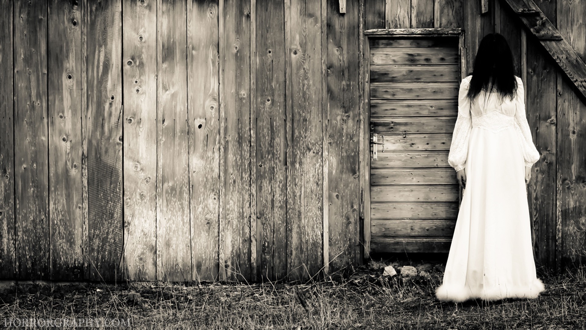 Woman in white dress standing by wooden wall HD Wallpaper