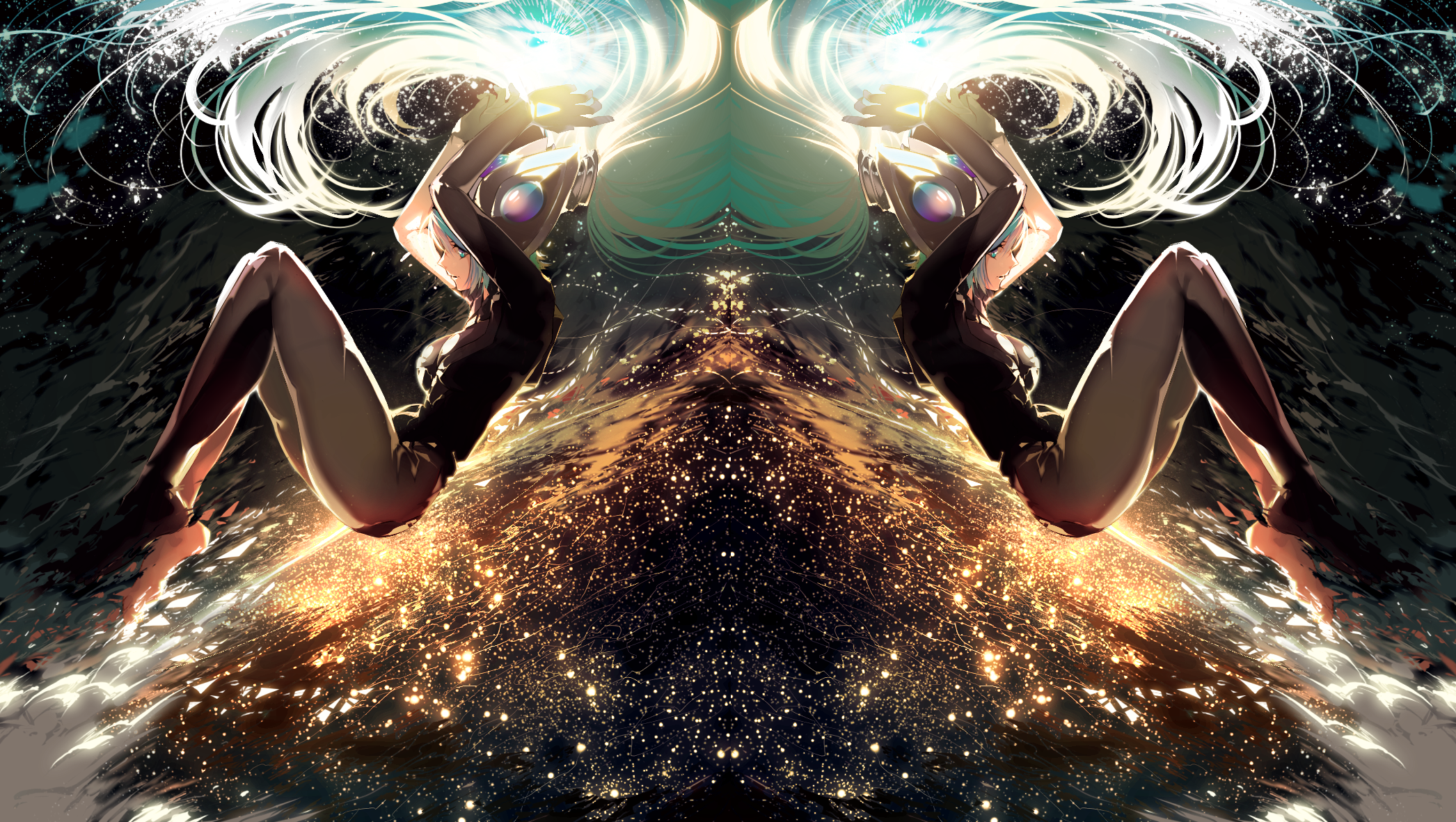 Symmetrical illustration of Hatsune Miku with glowing effects HD Wallpaper