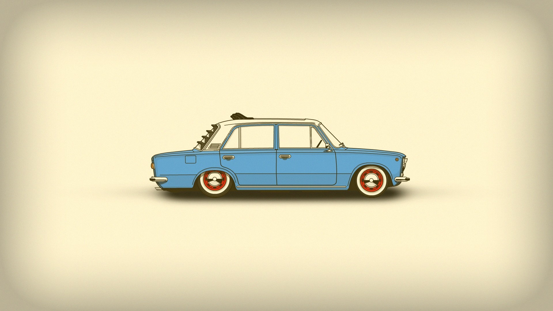 Minimalist blue sedan with white roof and red-rimmed wheels HD Wallpaper