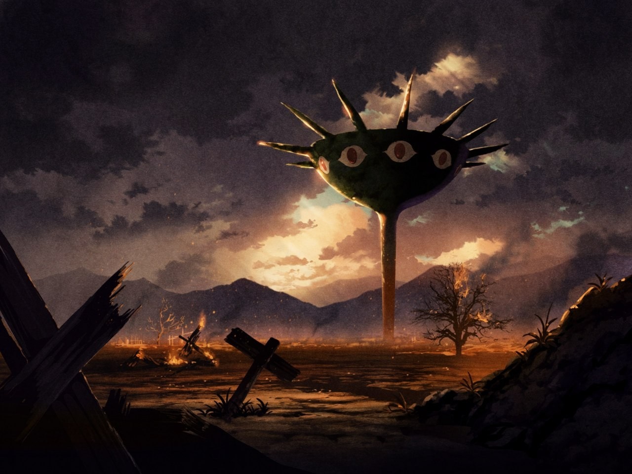 Alien creature with eyes in a desolate landscape HD Wallpaper