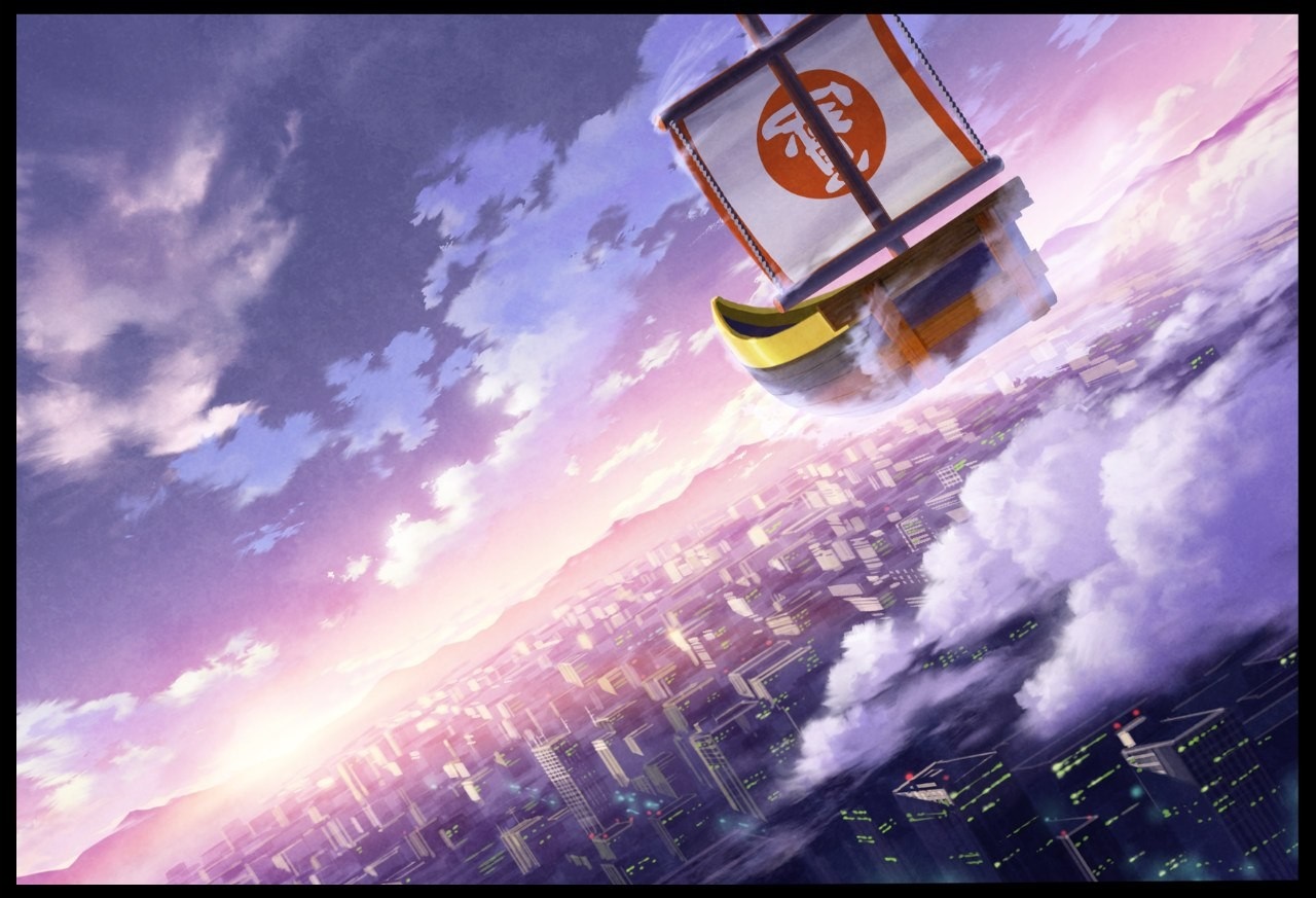 Anime ship flying over a city at sunset HD Wallpaper
