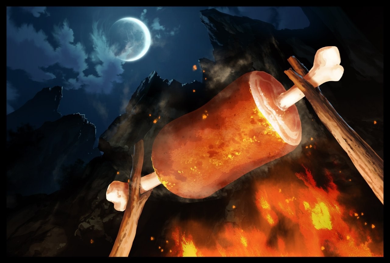 Meat roasting over a campfire under a full moon HD Wallpaper