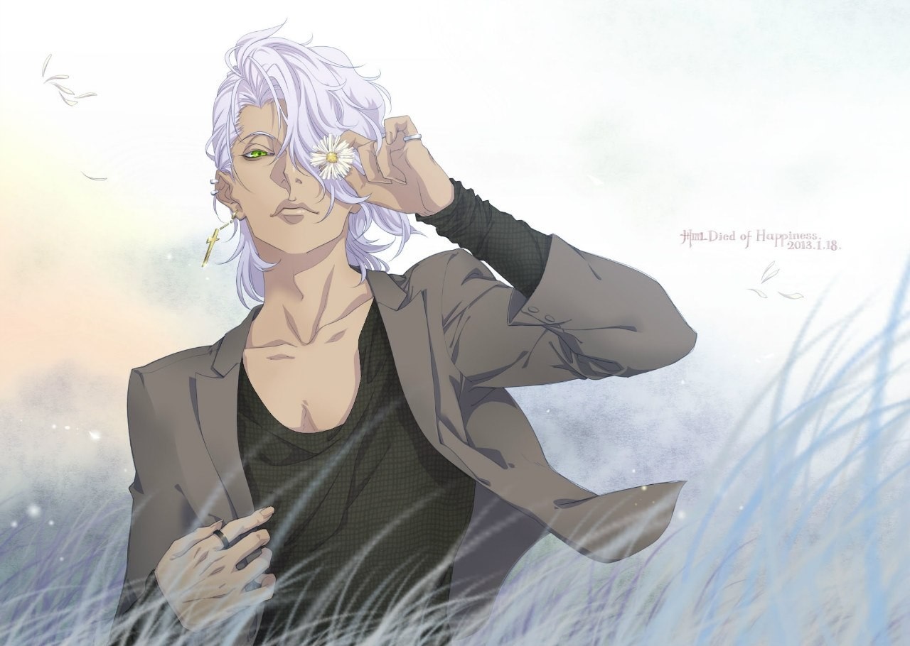 Anime boy with white hair holding a daisy HD Wallpaper