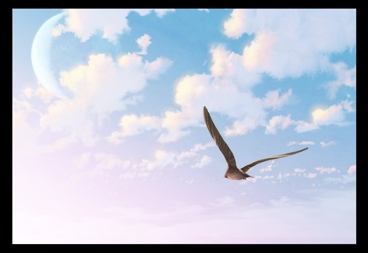 Bird flying in a pastel sky with a crescent moon HD Wallpaper
