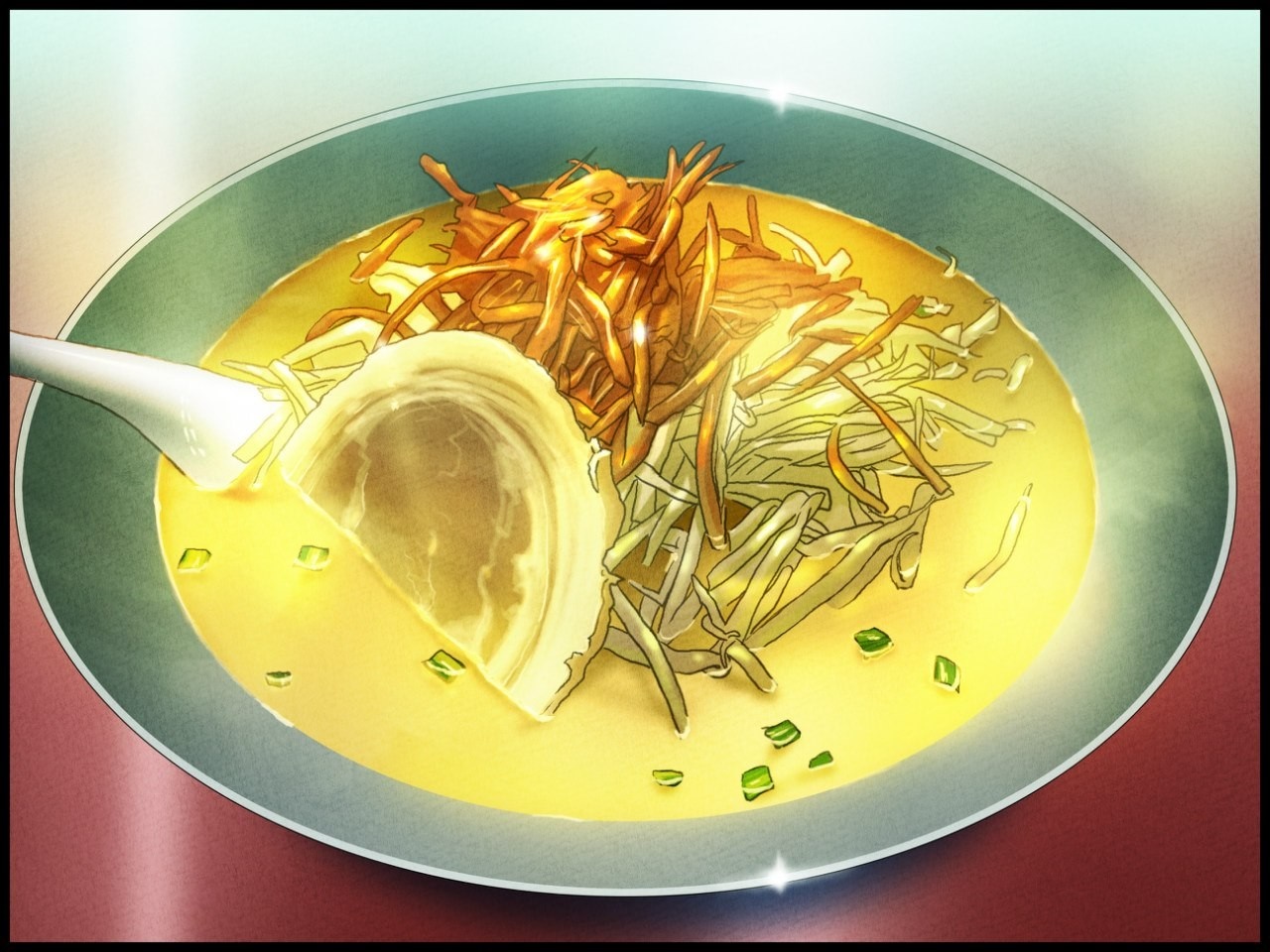 Bowl of ramen with spoon and toppings HD Wallpaper