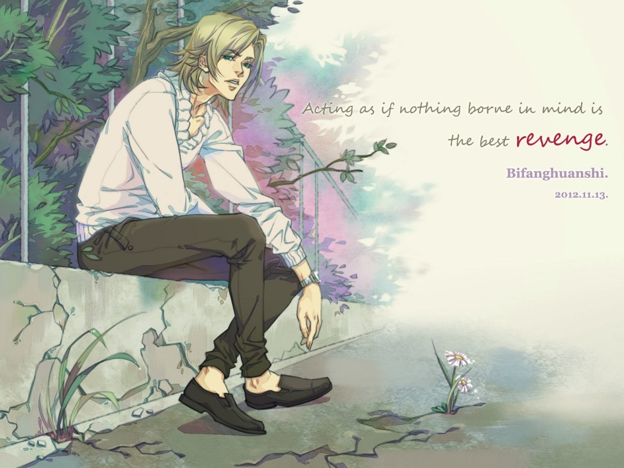 Anime character sitting on a wall with flowers HD Wallpaper