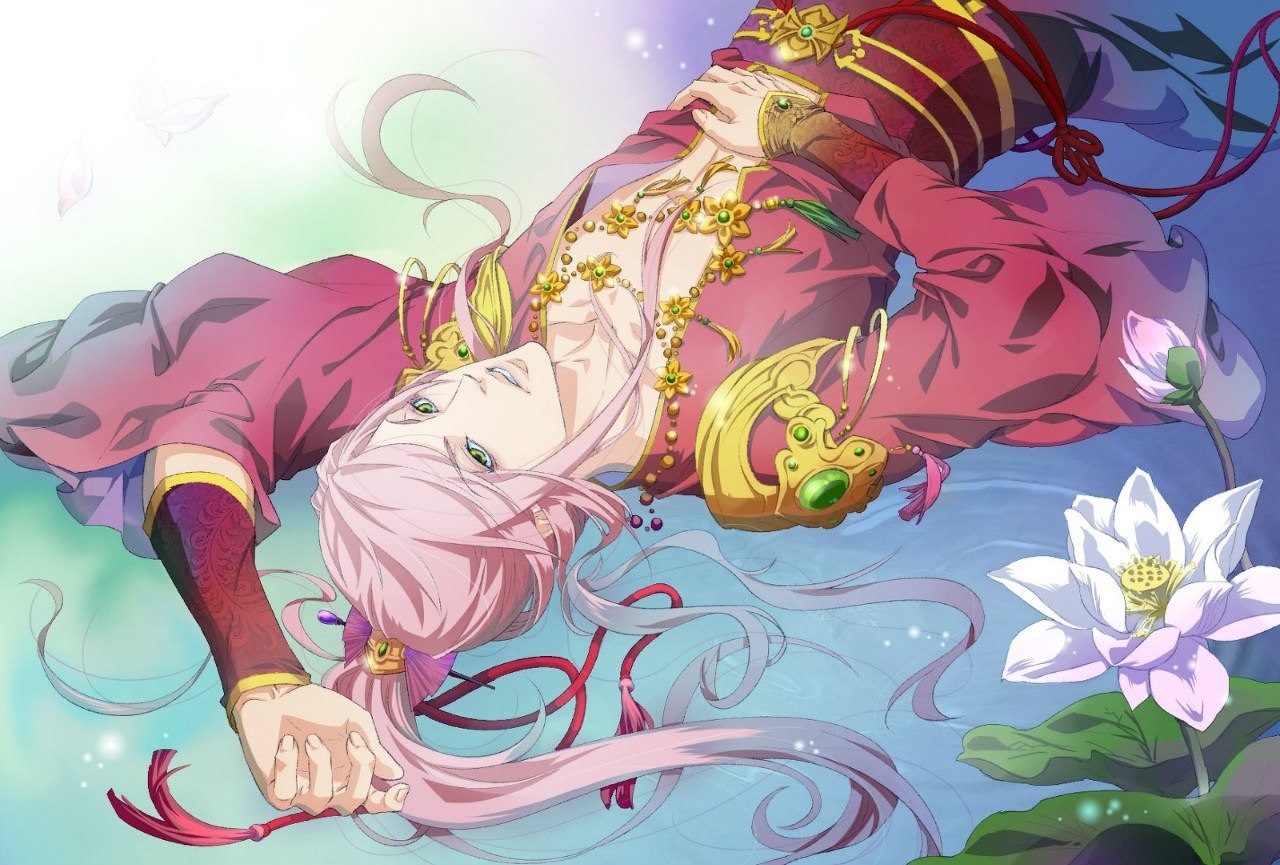 Anime man with pink hair and lotus flowers HD Wallpaper