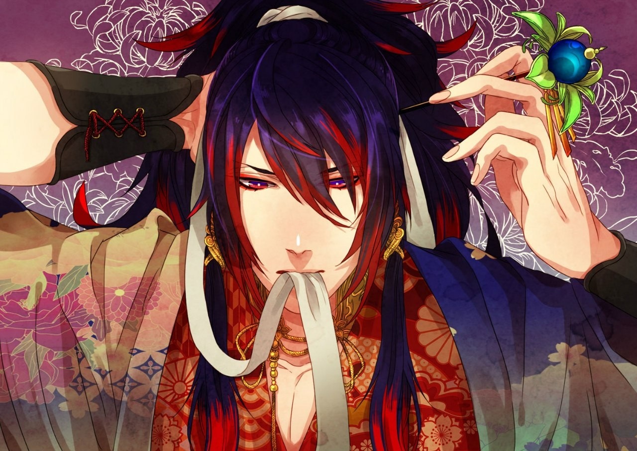 Anime man with dark hair and red streaks HD Wallpaper