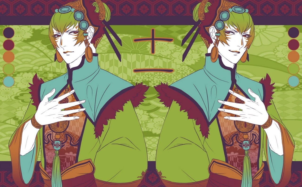 Anime illustration of a symmetrical male character with green hair HD Wallpaper