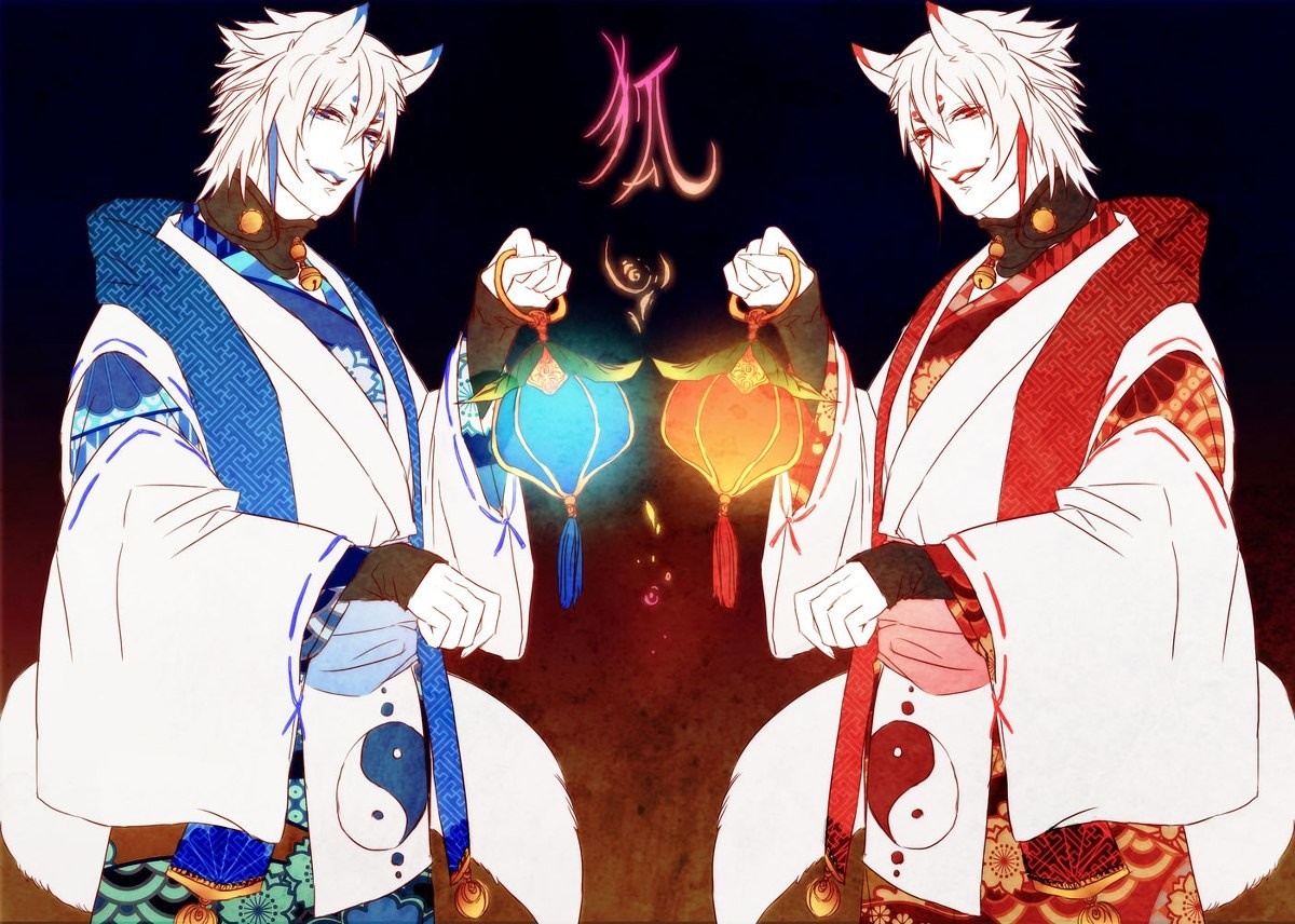 Two anime fox-eared men holding lanterns HD Wallpaper