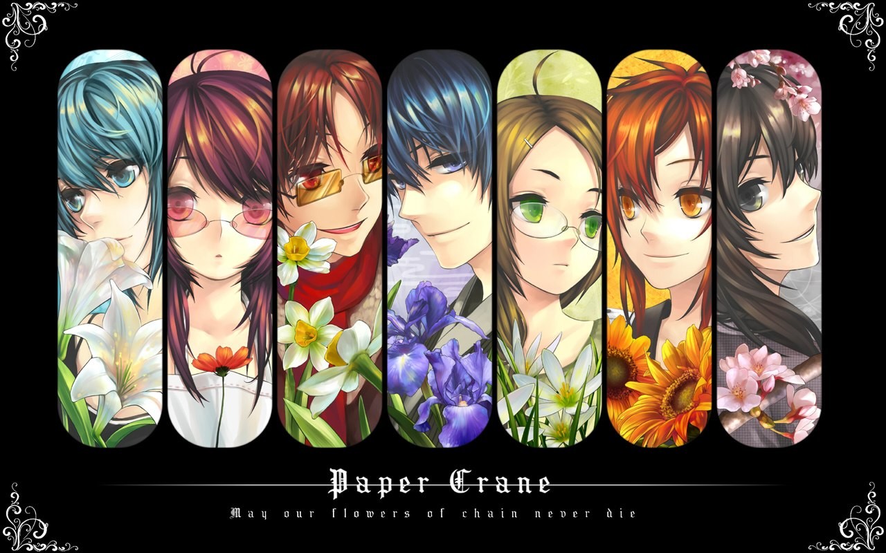 Paper Crane anime characters with flowers HD Wallpaper