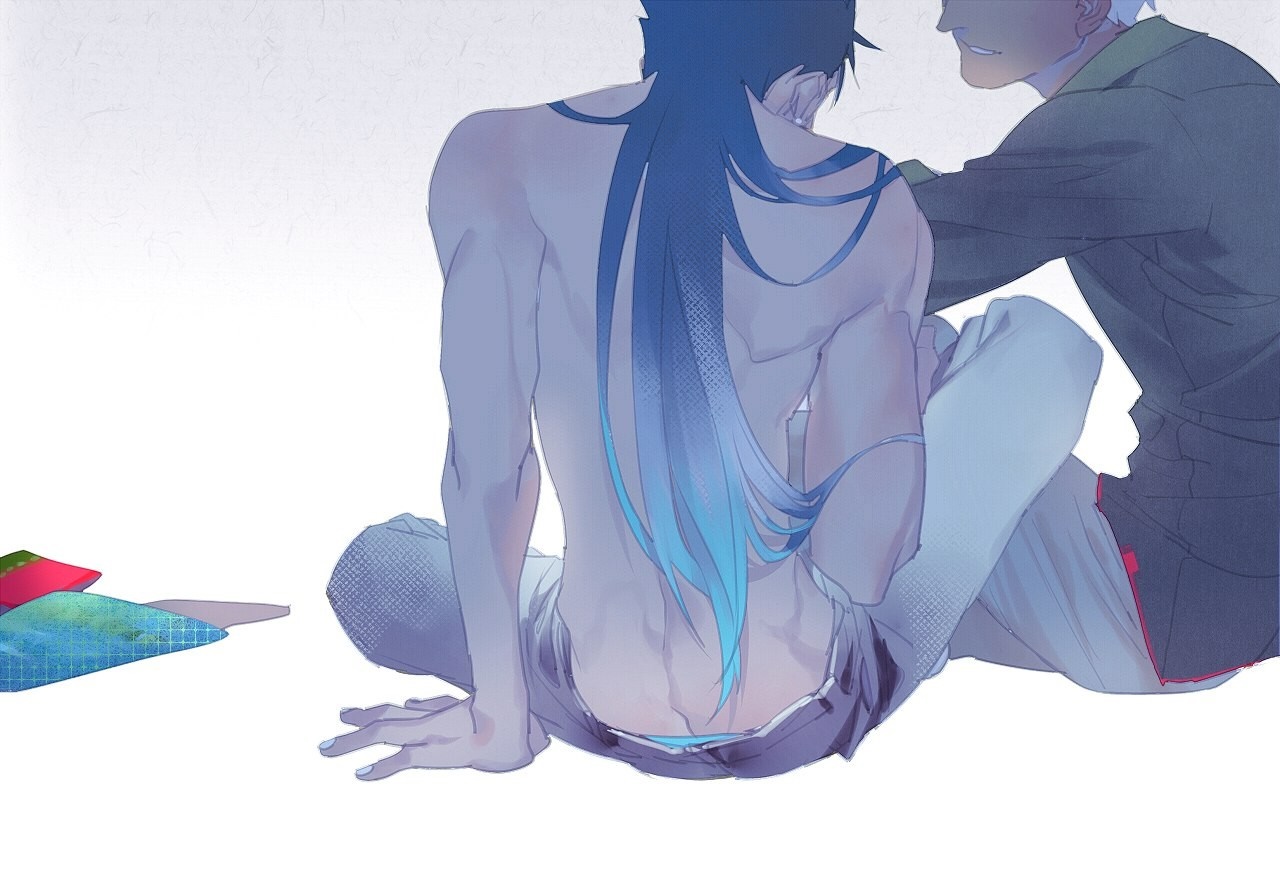 Two men sitting, one shirtless with blue hair HD Wallpaper