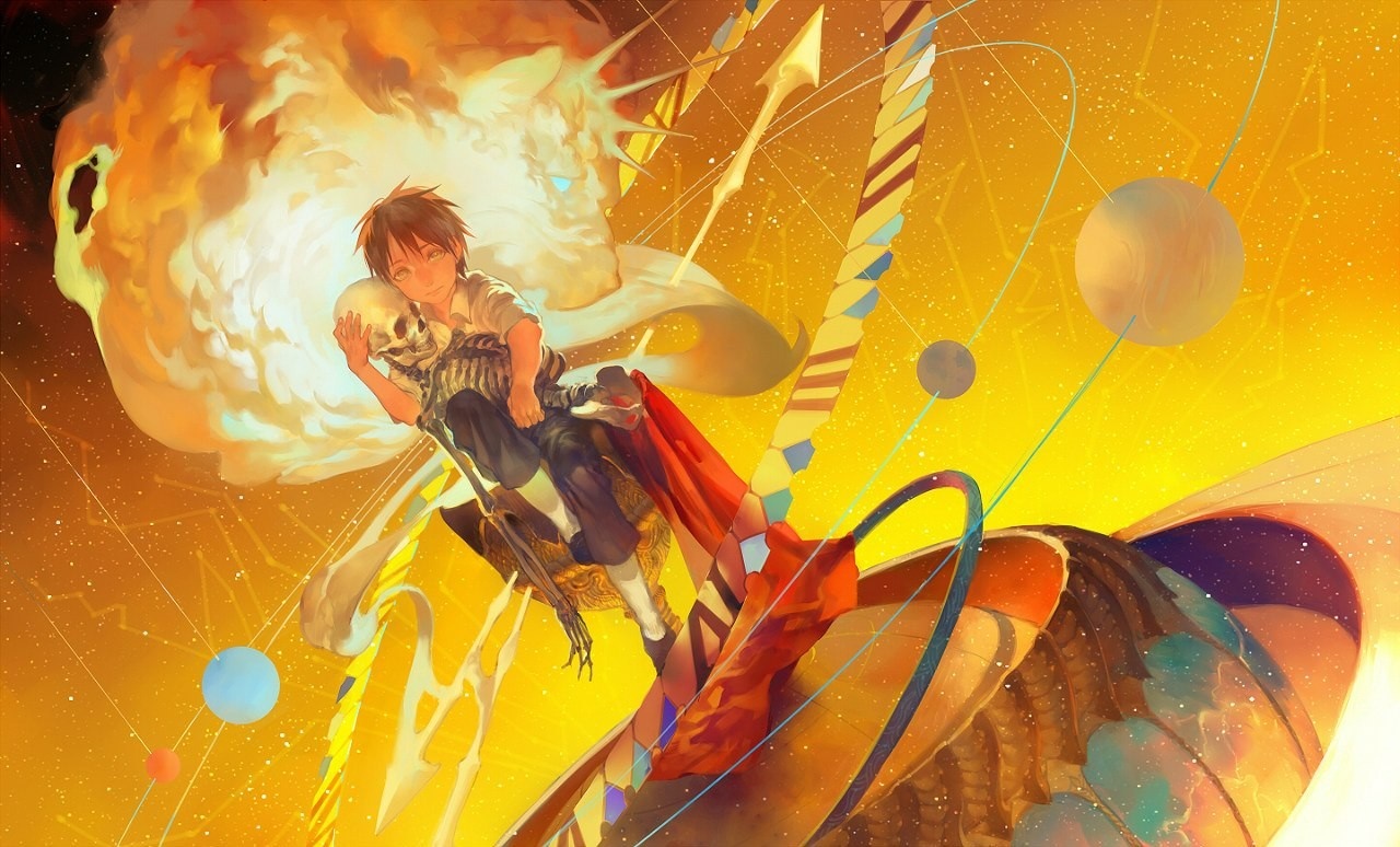 Boy holding a skeleton with a dragon in the background HD Wallpaper