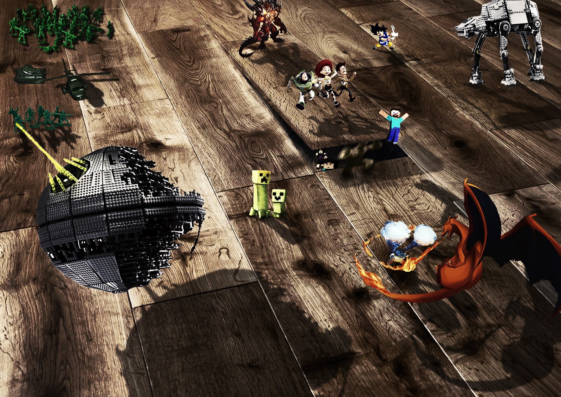 Lego Death Star, AT-AT, and various action figures on wooden floor HD Wallpaper
