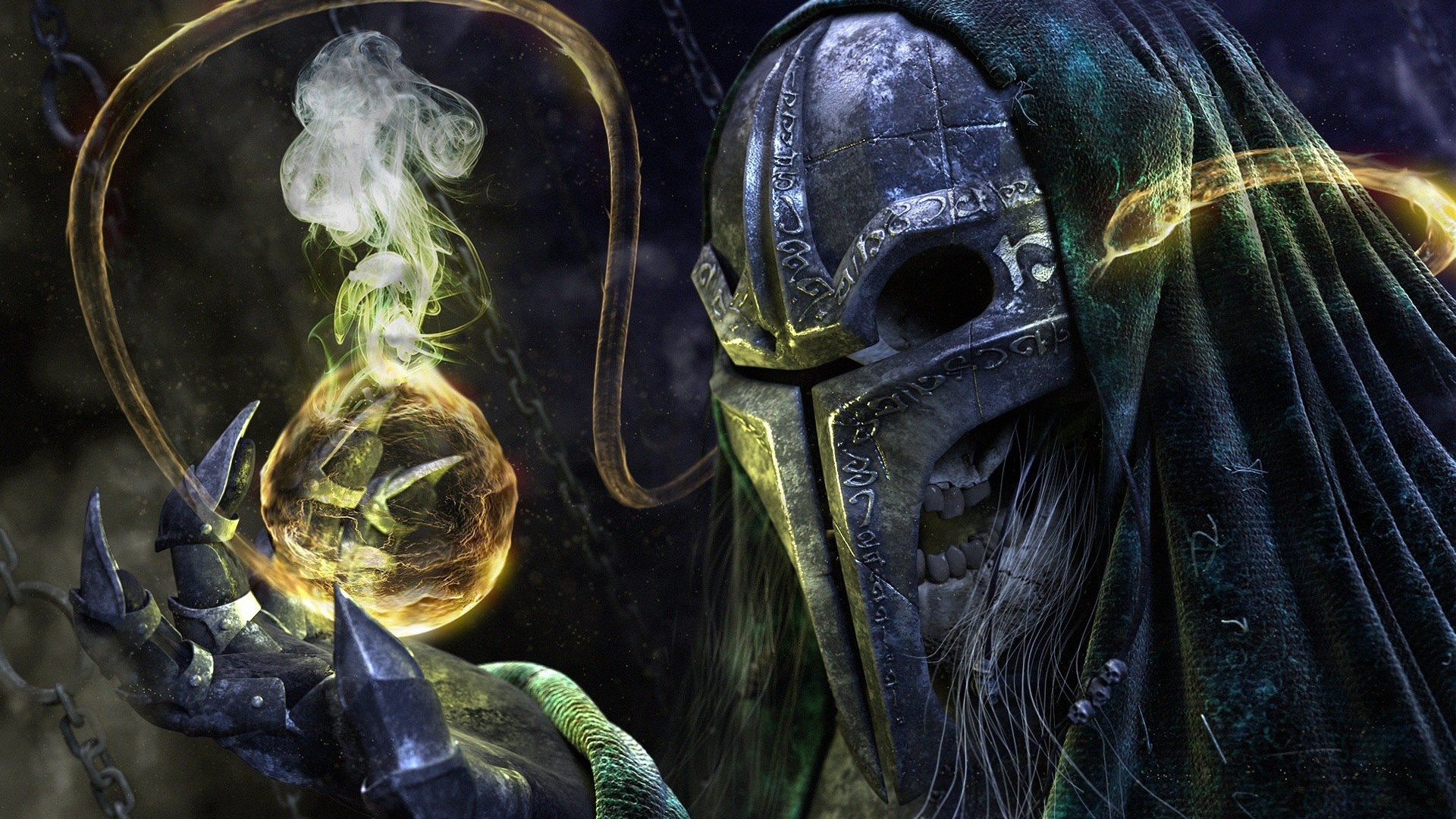 Skeleton warrior with glowing orb and chains HD Wallpaper