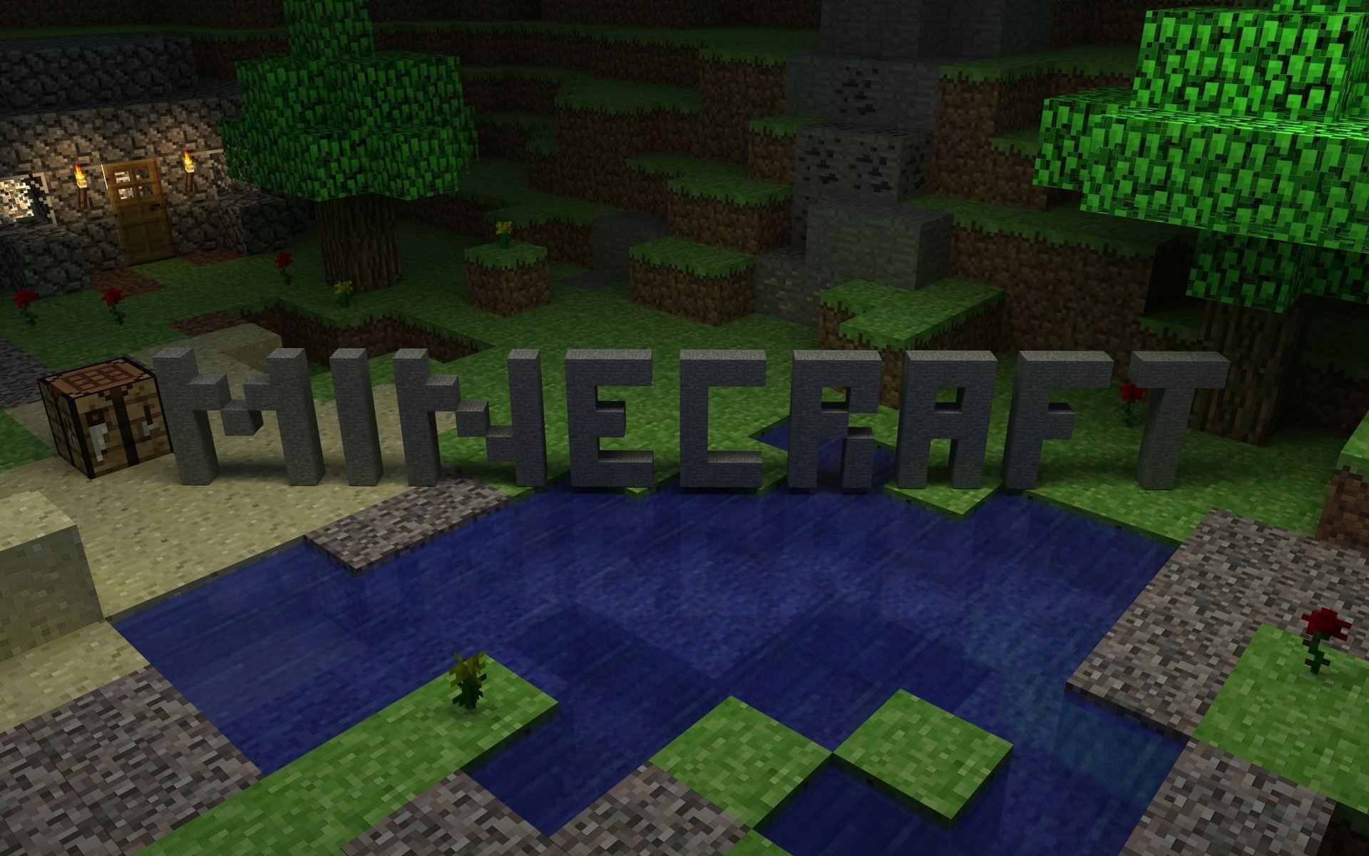 Minecraft logo in a blocky landscape with a pond HD Wallpaper