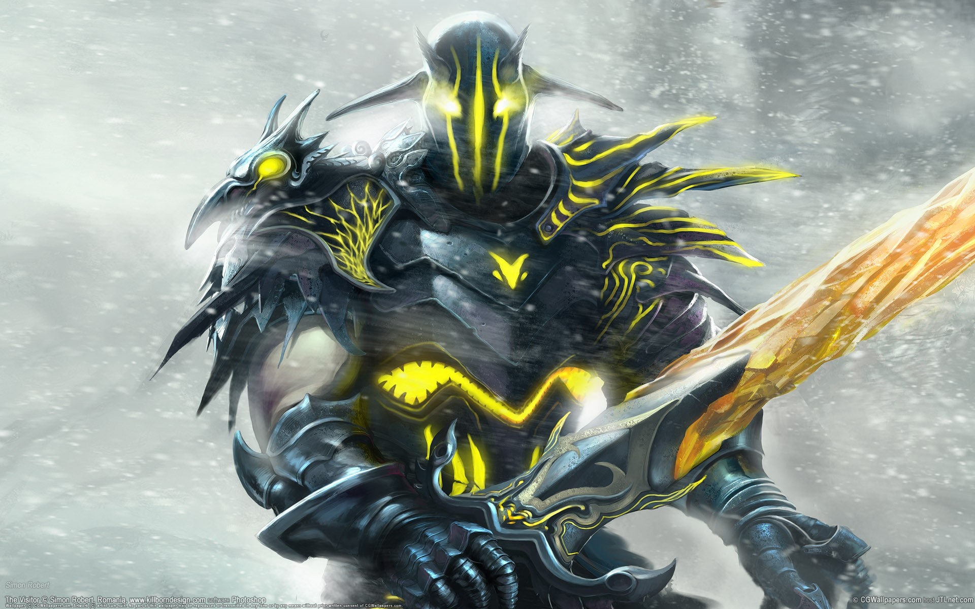 Dark Knight with glowing yellow armor and sword HD Wallpaper