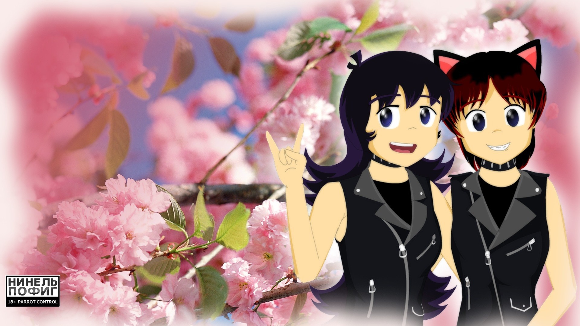 Two anime girls with black leather jackets and pink flowers HD Wallpaper