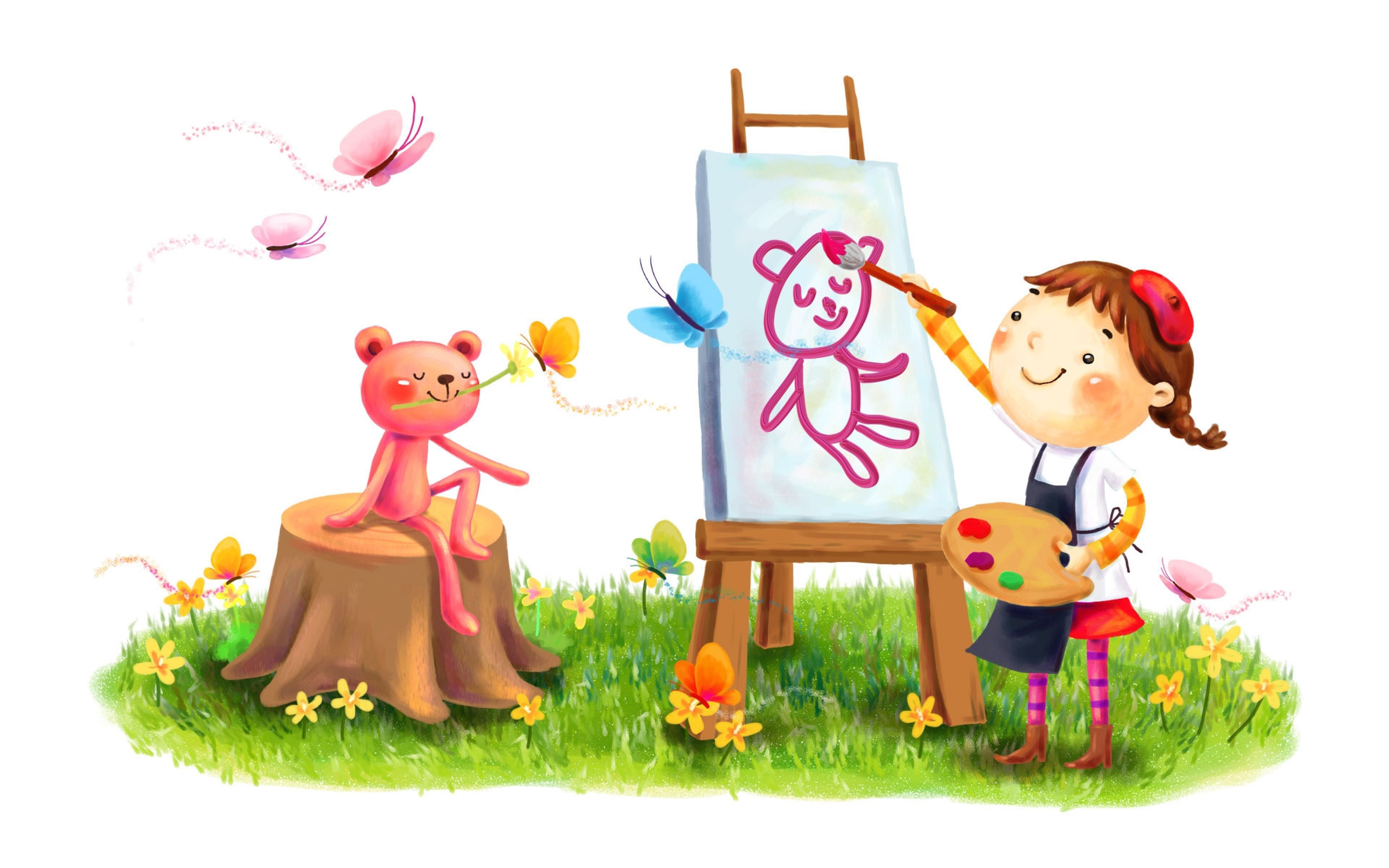 Girl painting a teddy bear on an easel HD Wallpaper