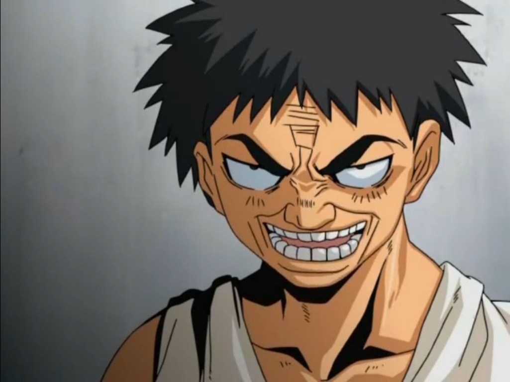 Anime character with spiky black hair and a menacing grin HD Wallpaper