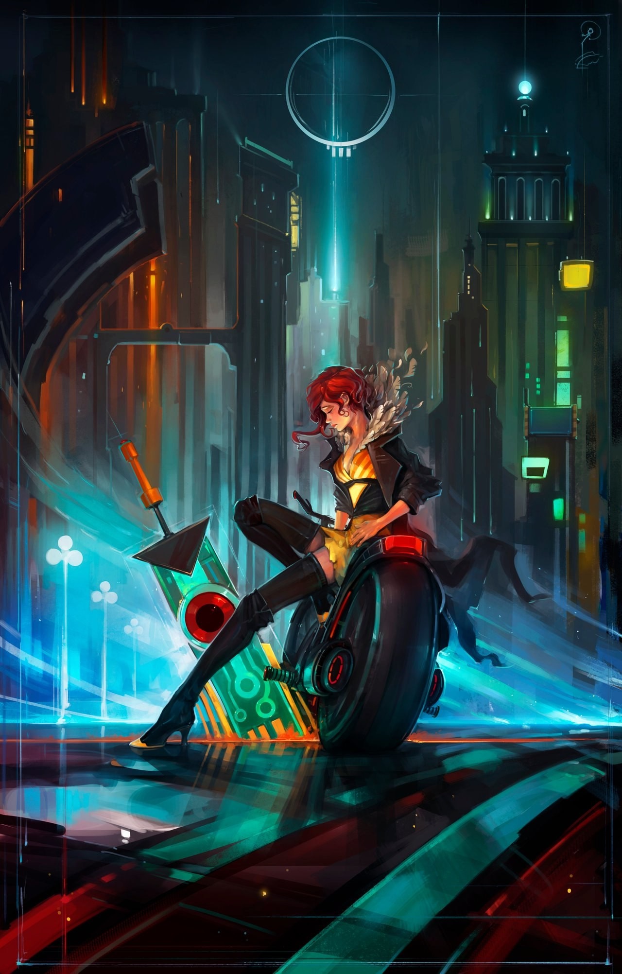 Redhead woman with sword on motorcycle in futuristic city HD Wallpaper